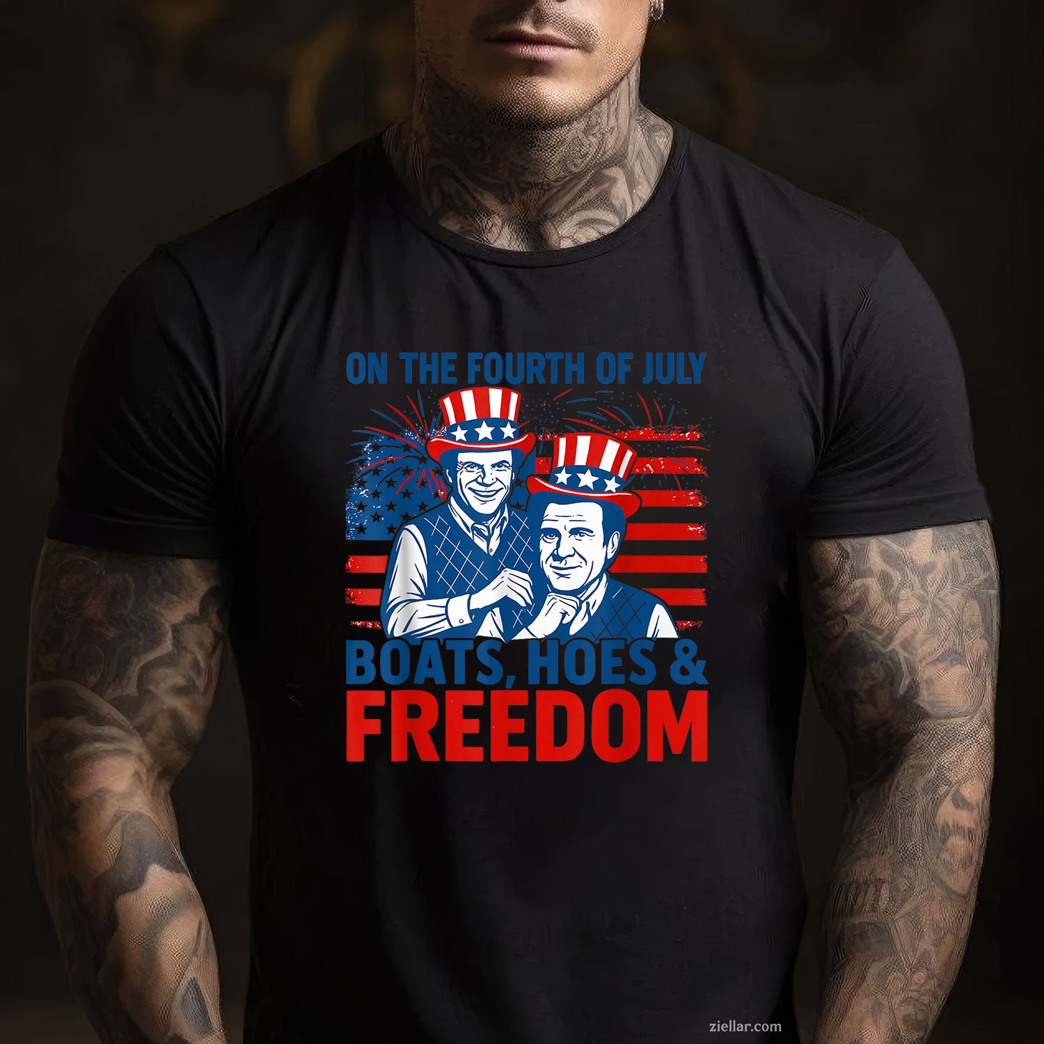 On The Fourth Of July Boats, Hoes & Freedom 4th Of July Tee and T-Shirt, Funny Patriotic 4th of July USA Freedom T-Shirt for Adults