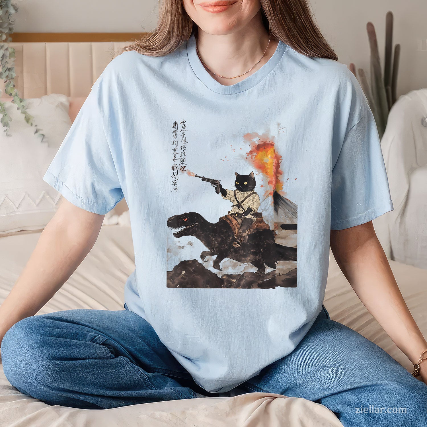 retro calligraphy cat dinosaur volcanic eruption art print Tee and T-Shirt, Retro Cat Dino Calligraphy Art Graphic T-Shirt for Adults