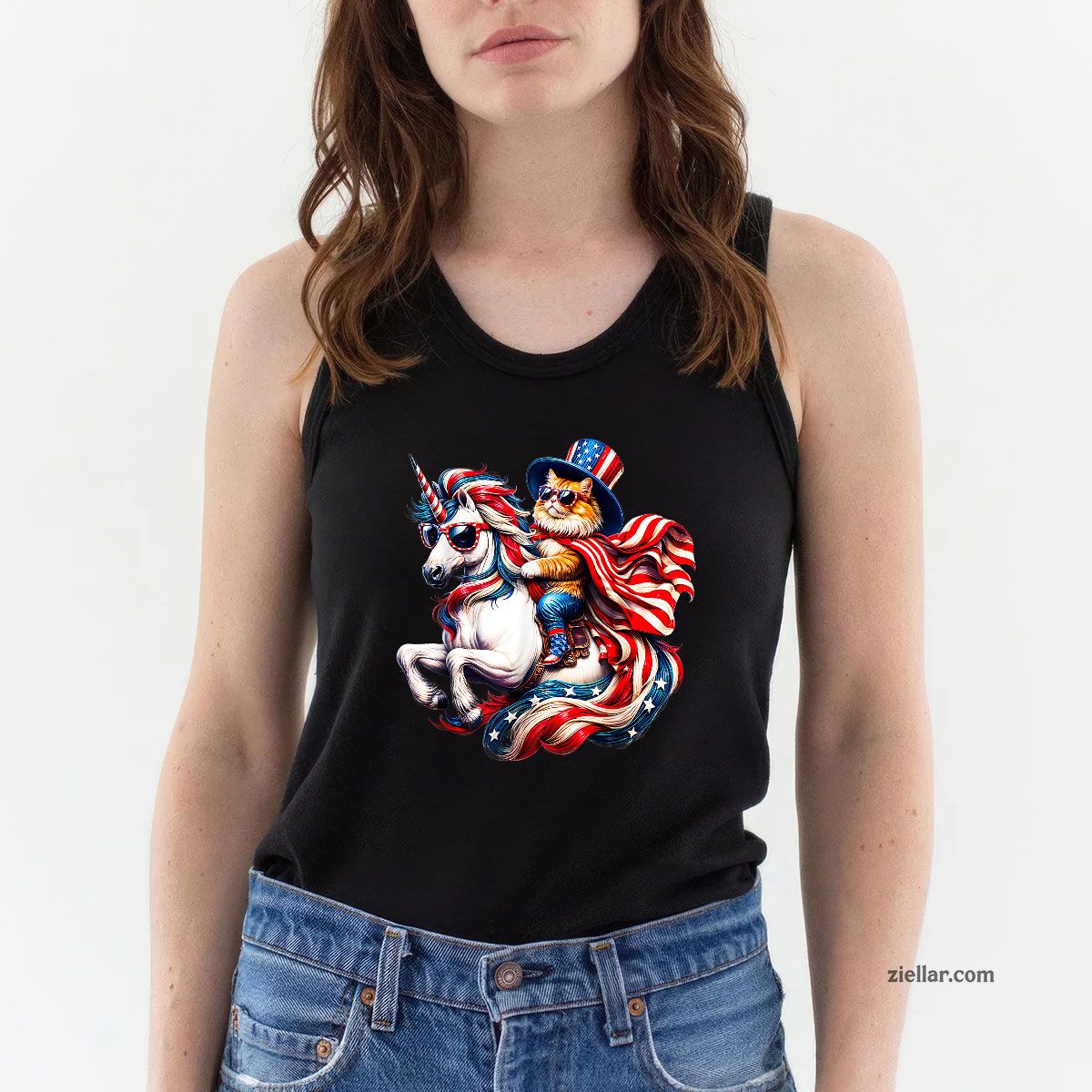 Cat riding Unicorn usa flag Patriotic 4th of July Tank Top Shirt Tee for Men Women Unisex