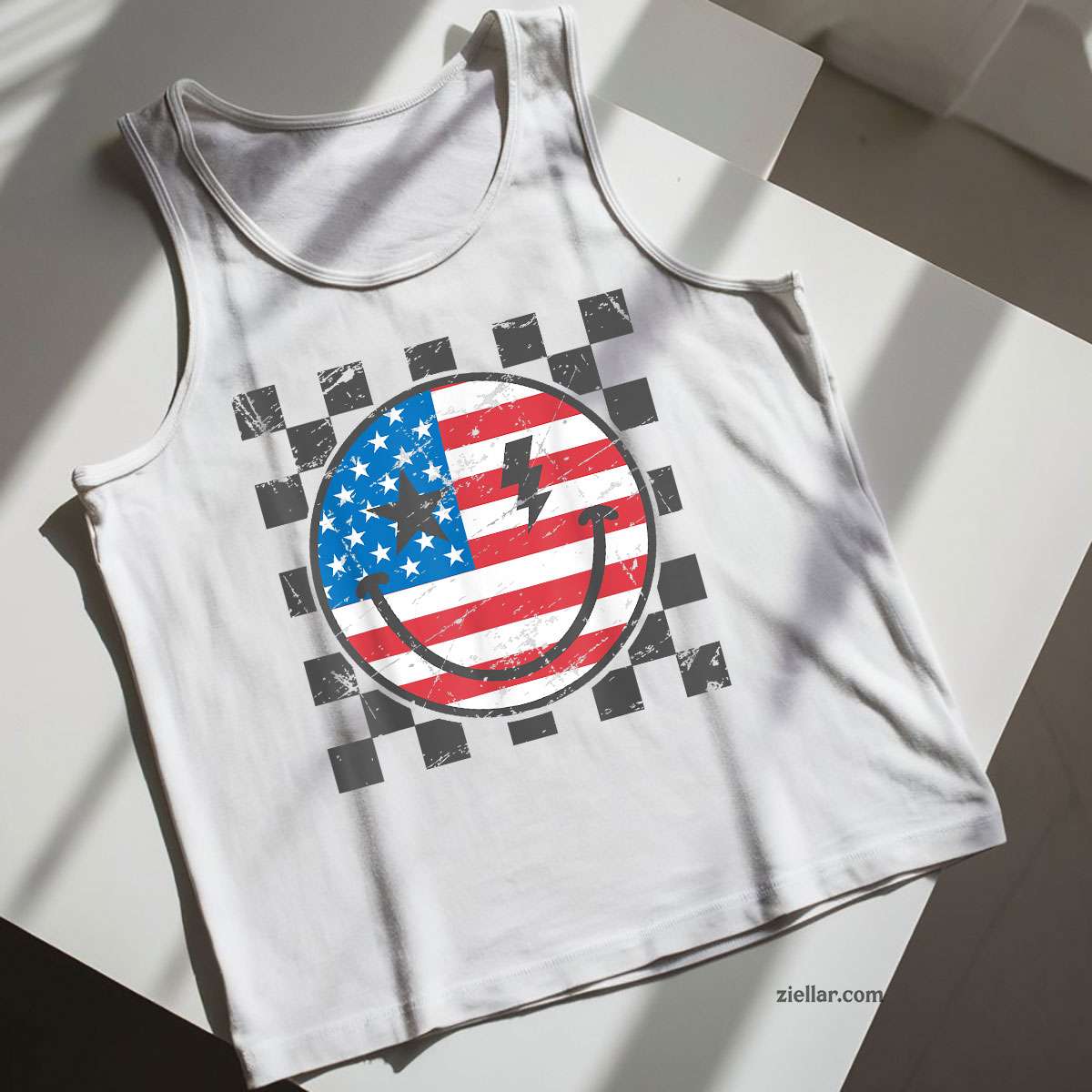 Happy 4th Of July Groovy Smile Face Red White Blue USA Flag Tank Top Shirt Tee for Men Women Unisex