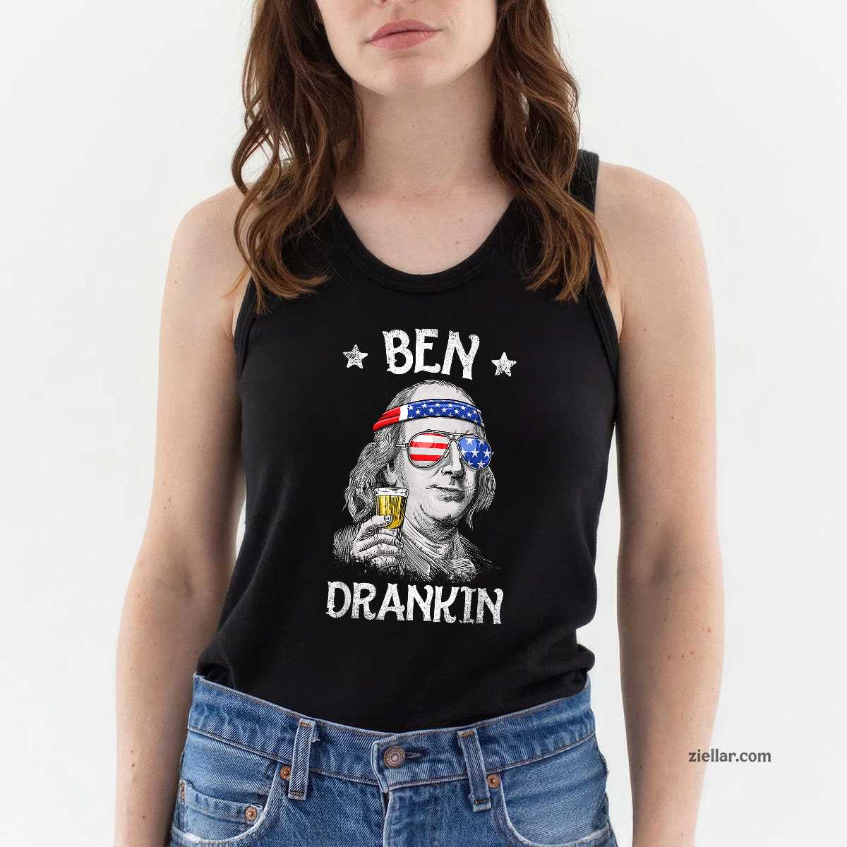 Ben Drankin 4th of July Benjamin Franklin Men Women USA Flag Tank Top Shirt Tee