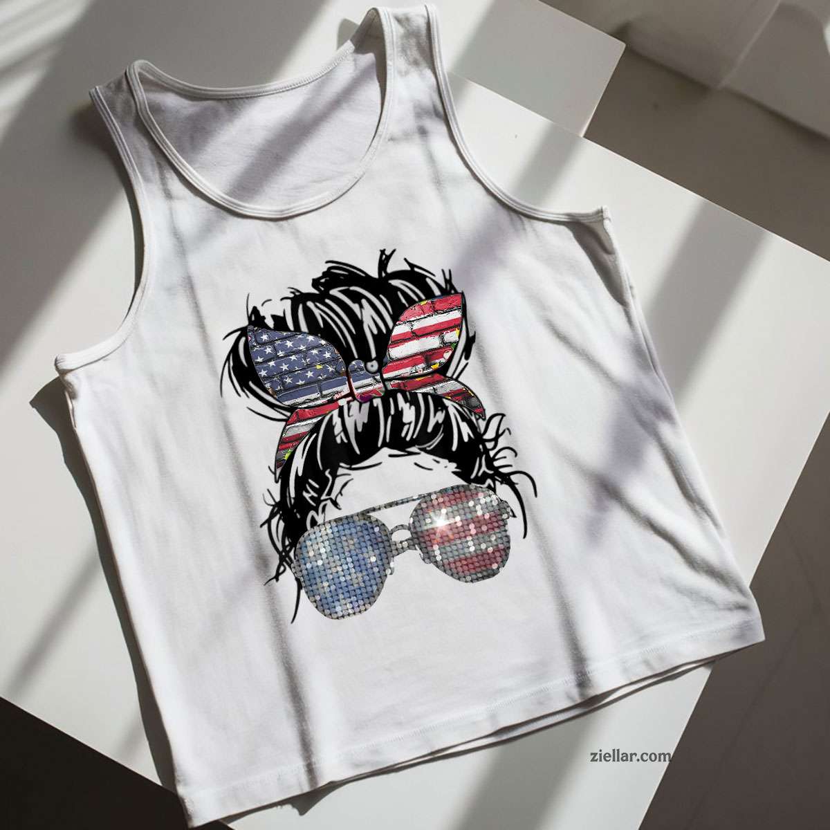 Messy Bun American Flag Glasses 4th of July Patriotic Tank Top Shirt Tee for Men Women Unisex
