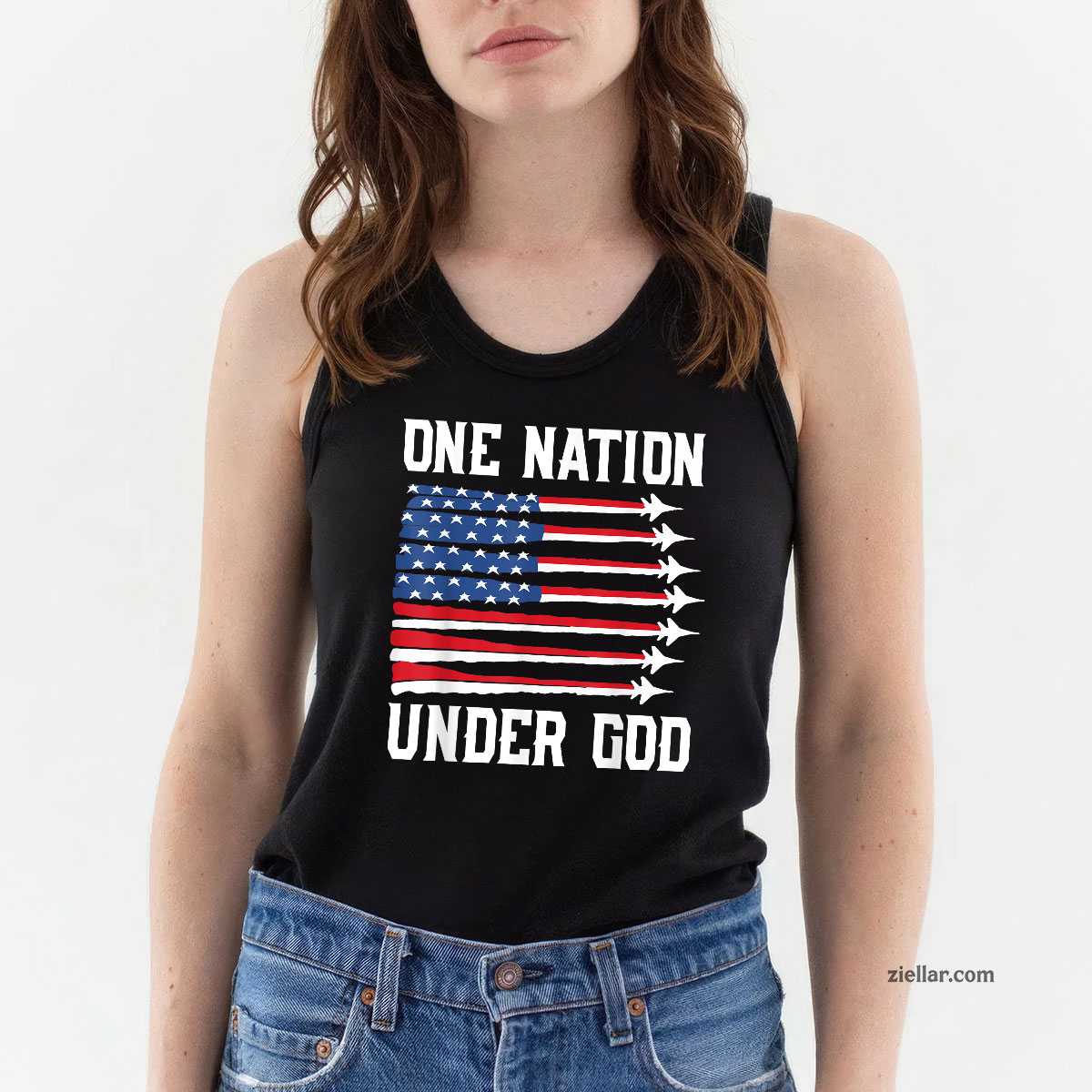 Boy One Nation Under God 4th July USA Fighter Jet Patriotic Tank Top Shirt Tee for Men Women Unisex