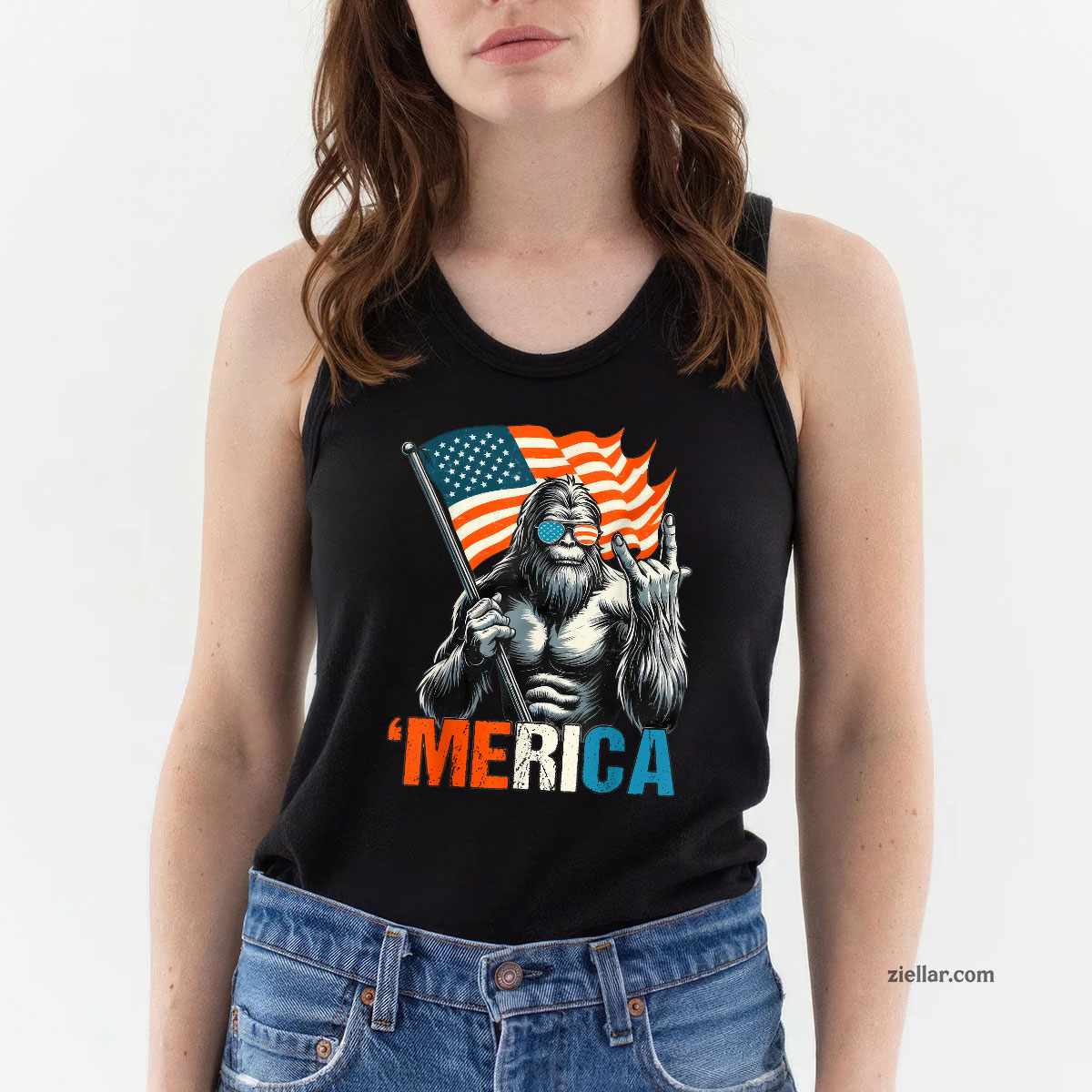 Bigfoot Merica Rock American Flag Patriotic 4th Of July Tank Top Shirt Tee for Men Women Unisex