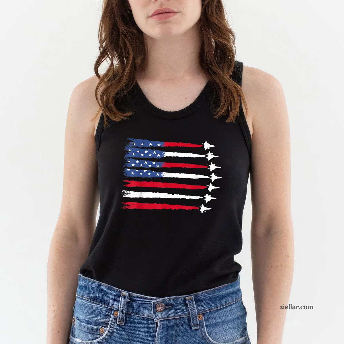Patriotic Red White Blue USA Flag Fighter Jets 4th of July Tank Top Shirt Tee for Men Women Unisex