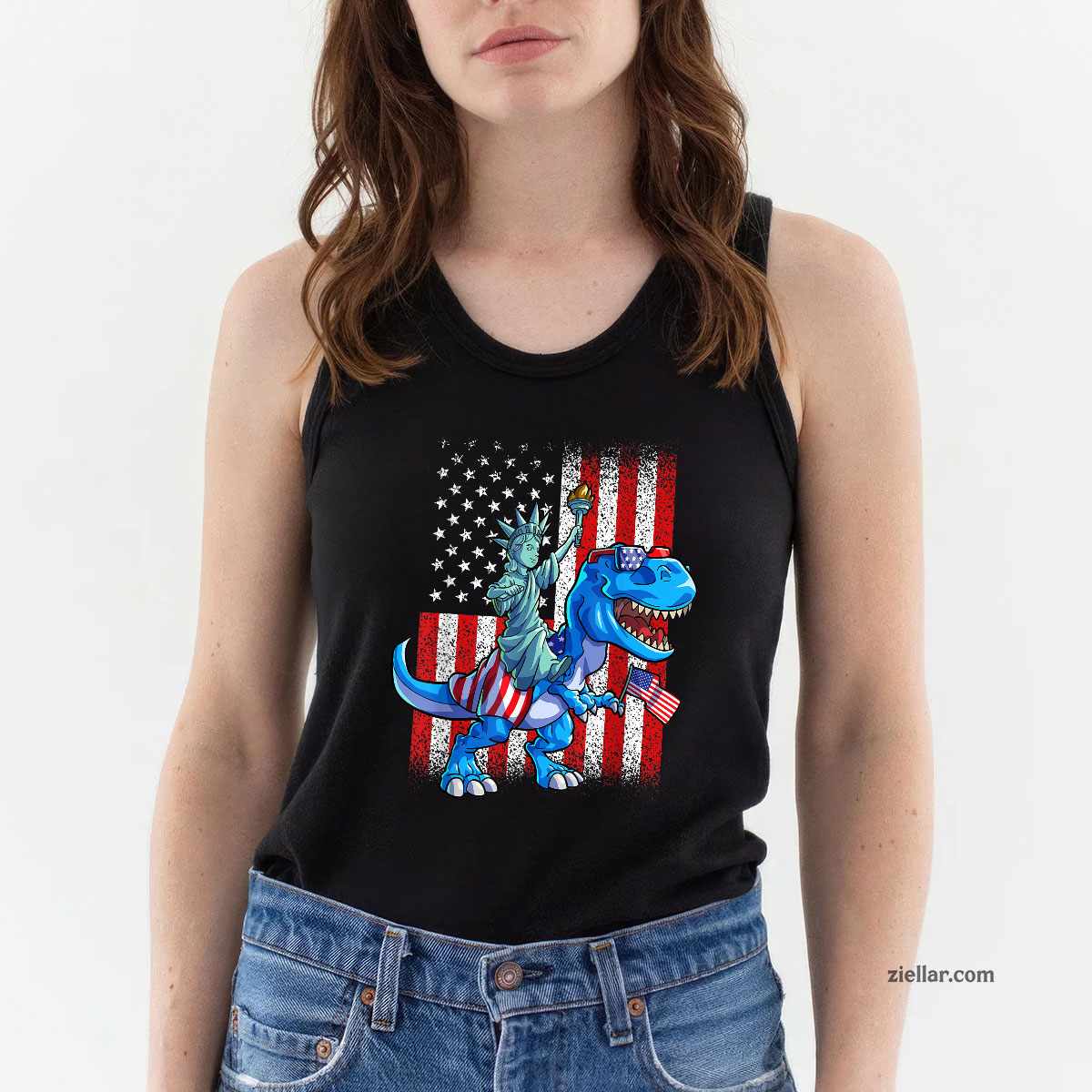 Dino Statue Of Liberty 4th Of July Shirt American Flag Tank Top Shirt Tee for Men Women Unisex