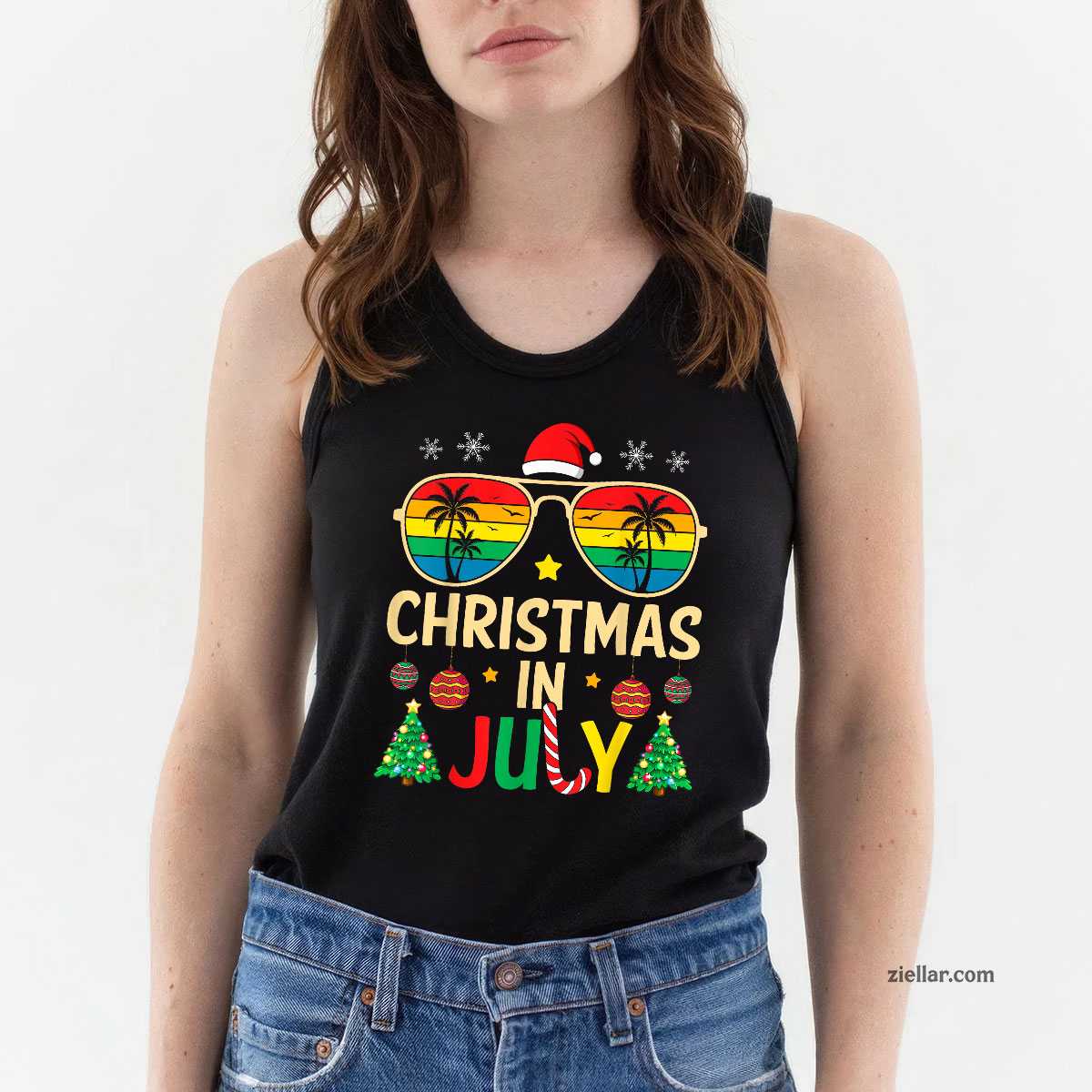 Christmas in July Santa Claus Sunglasses Beach Men Women Tank Top Shirt Funny Christmas in July Tee and Tank Top Shirt for Men Women Adults