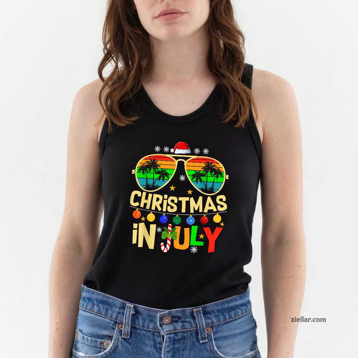 Santa Claus Sunglasses Beach Christmas in July Men Women Tank Top Shirt Funny Christmas in July Tee and Tank Top Shirt for Men Women Adults