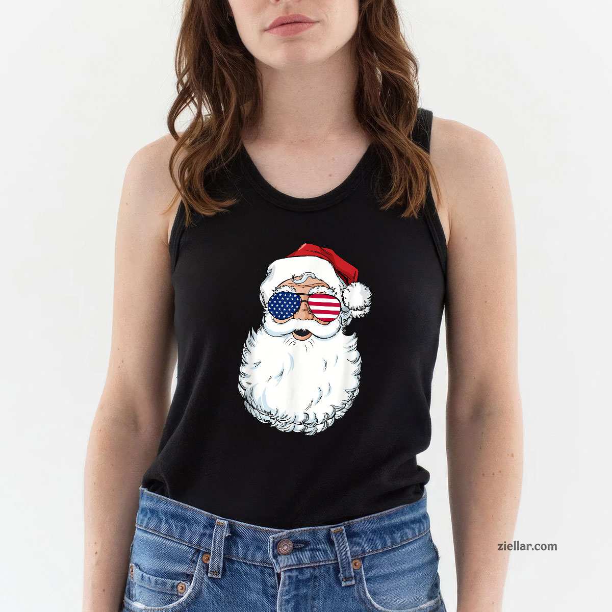 Santa Claus Patriotic USA Sunglasses Christmas in July Santa Tank Top Shirt Funny Christmas in July Tee and Tank Top Shirt for Men Women Adults