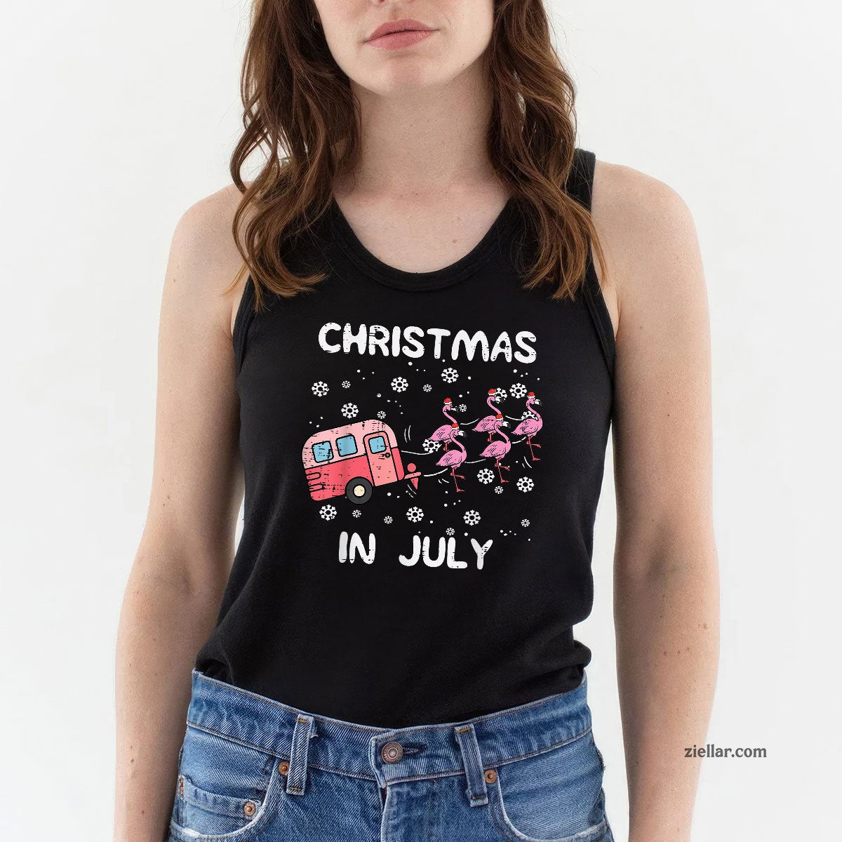 Christmas In July Flamingo Trailer Summer Xmas Camp Camper Tank Top Shirt Funny Christmas in July Tee and Tank Top Shirt for Men Women Adults