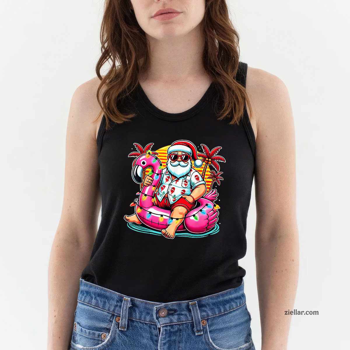 Christmas in July Shirt Santa Flamingo Float Summer Xmas Tank Top Shirt Funny Christmas in July Tee and Tank Top Shirt for Men Women Adults