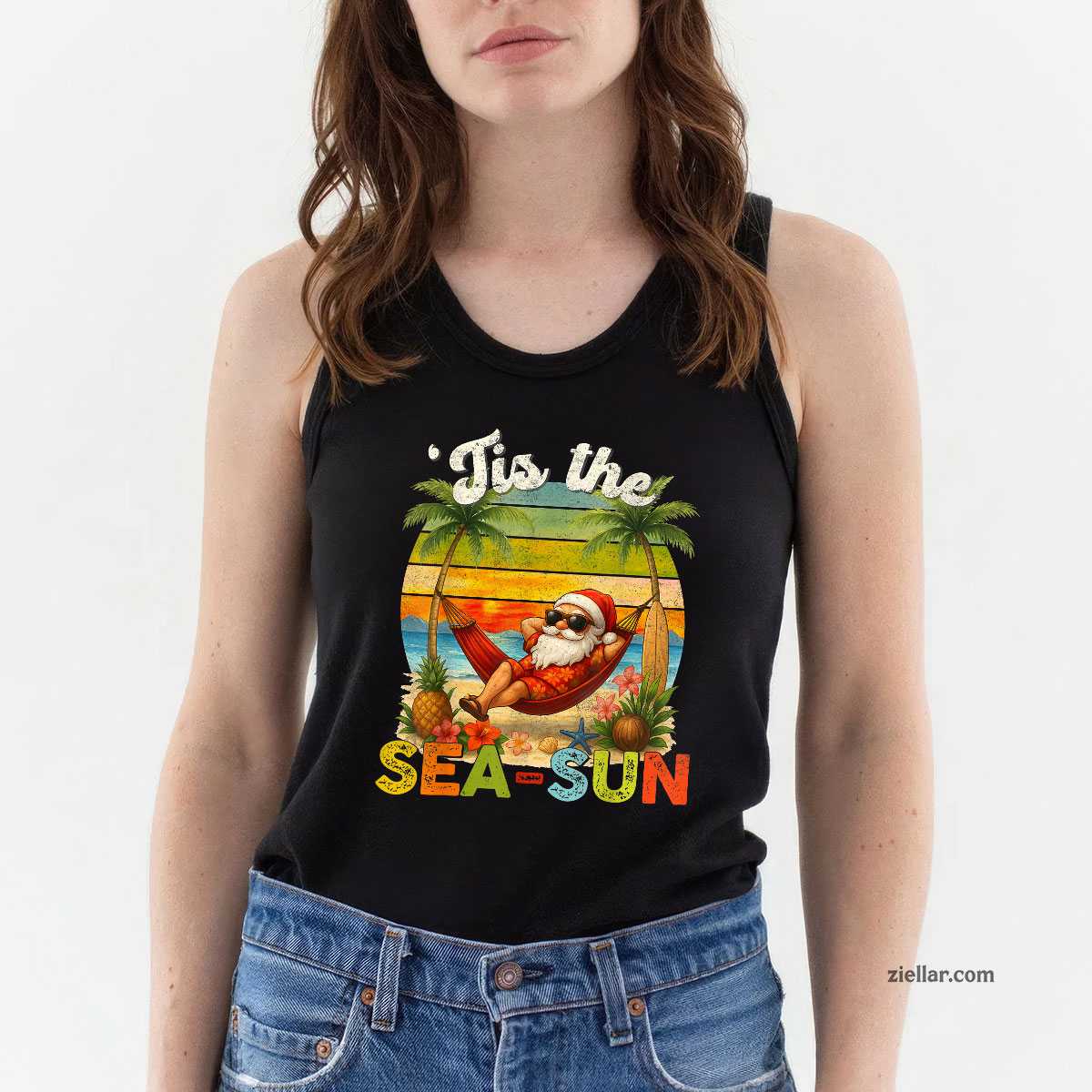 Tis The Sea-Sun Funny Christmas In July Hawaii Santa Beach Tank Top Shirt Funny Christmas in July Tee and Tank Top Shirt for Men Women Adults