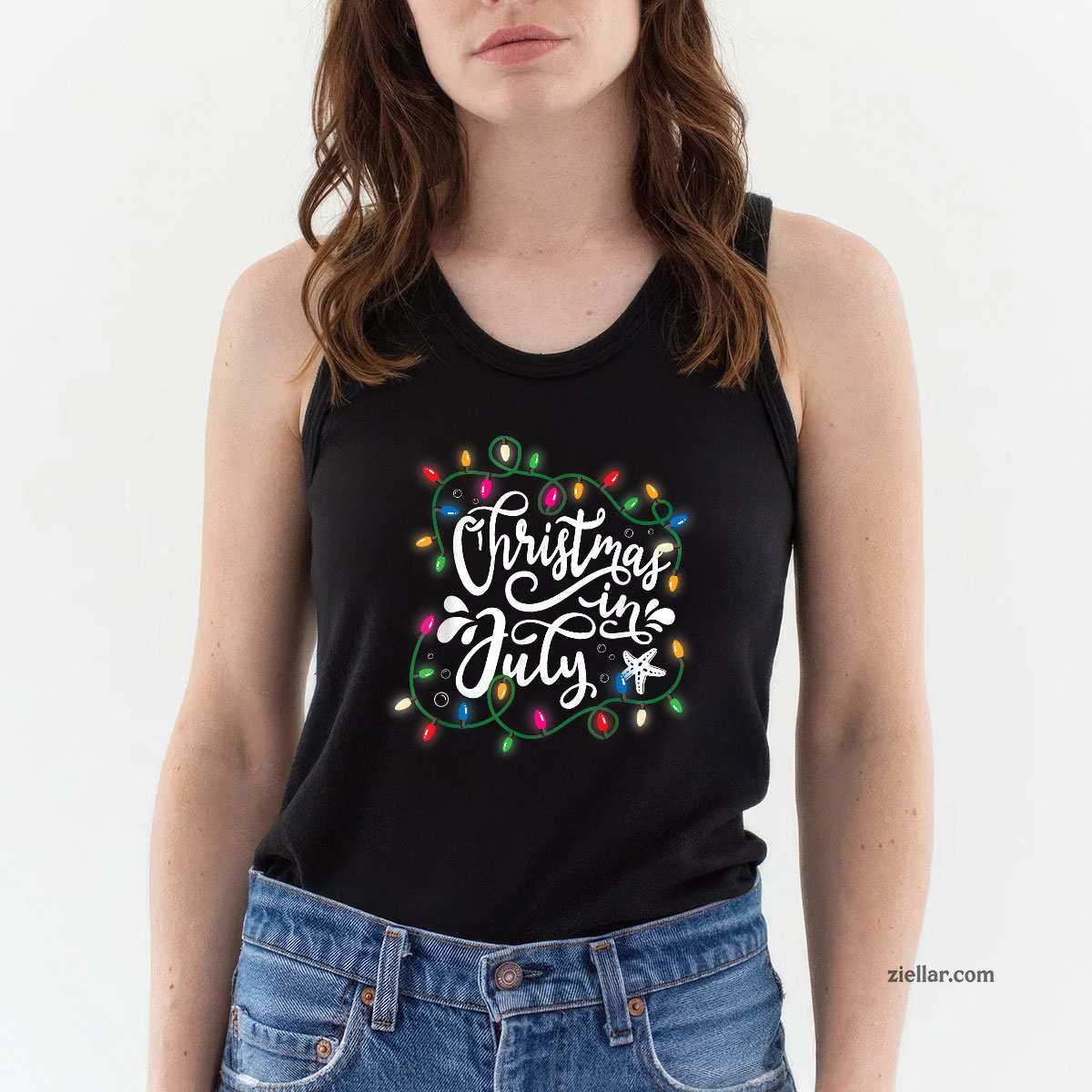Christmas In July Lights Funny Summer Xmas Men Women Tank Top Shirt Funny Christmas in July Tee and Tank Top Shirt for Men Women Adults