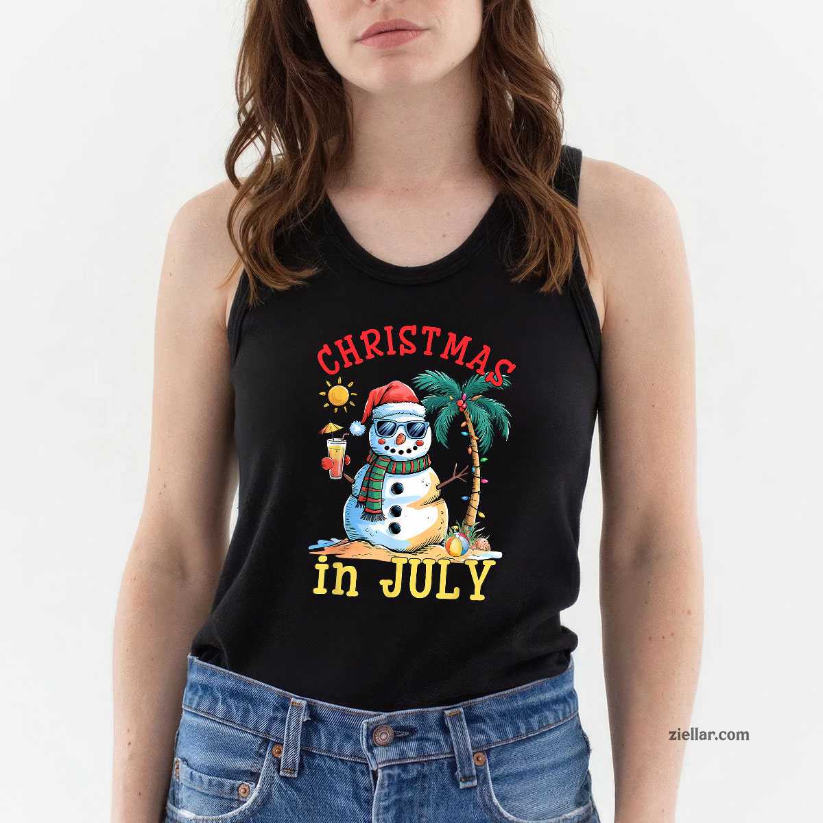 Christmas In July Snowman Summer Beach Vacation Xmas Tank Top Shirt Funny Christmas in July Tee and Tank Top Shirt for Men Women Adults