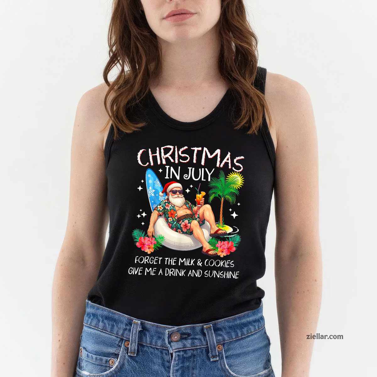 Christmas In July Palm Tree Beach Summer Hawaii Santa Mens Tank Top Shirt Funny Christmas in July Tee and Tank Top Shirt for Men Women Adults