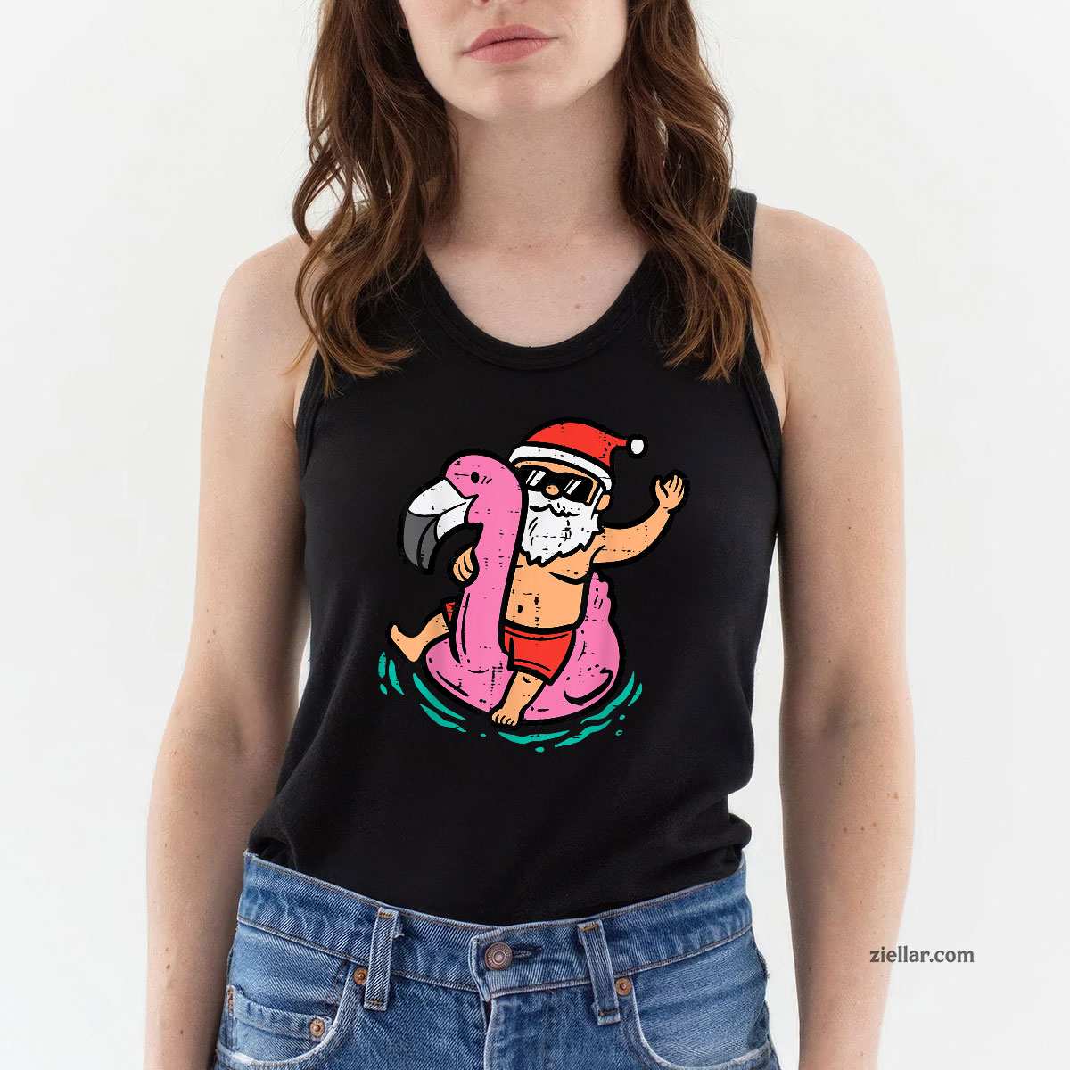 Santa Flamingo Floatie Funny Christmas In July Summer Xmas Tank Top Shirt Funny Christmas in July Tee and Tank Top Shirt for Men Women Adults