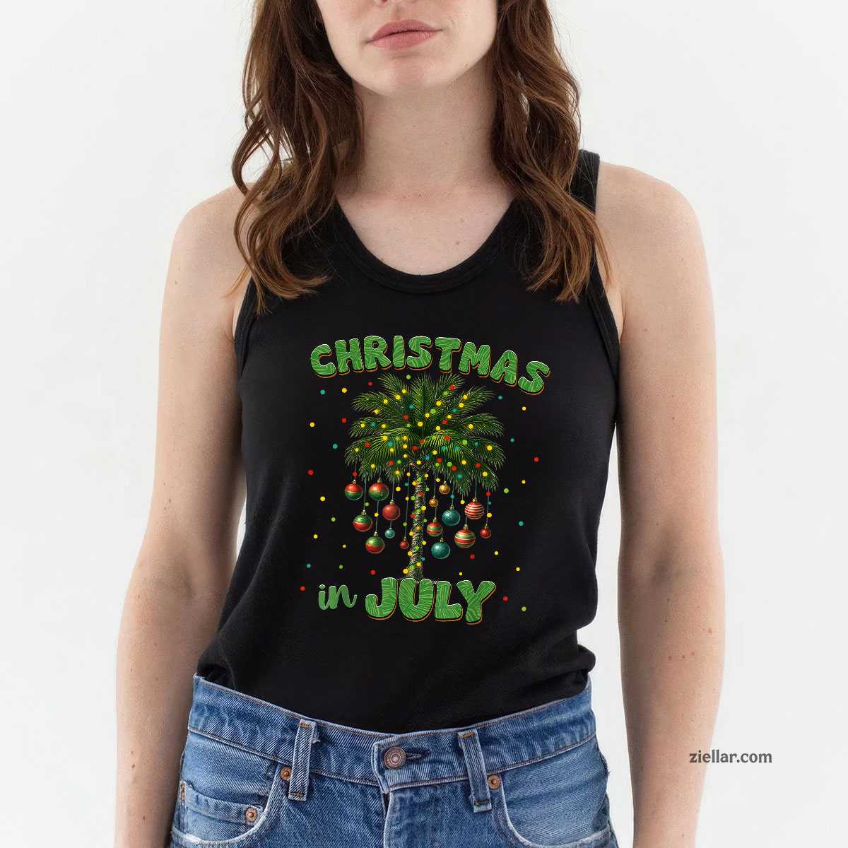 Christmas In July Palm Tree Hawaii Beach Summer Vacation Tee Tank Top Shirt Funny Christmas in July Tee and Tank Top Shirt for Men Women Adults