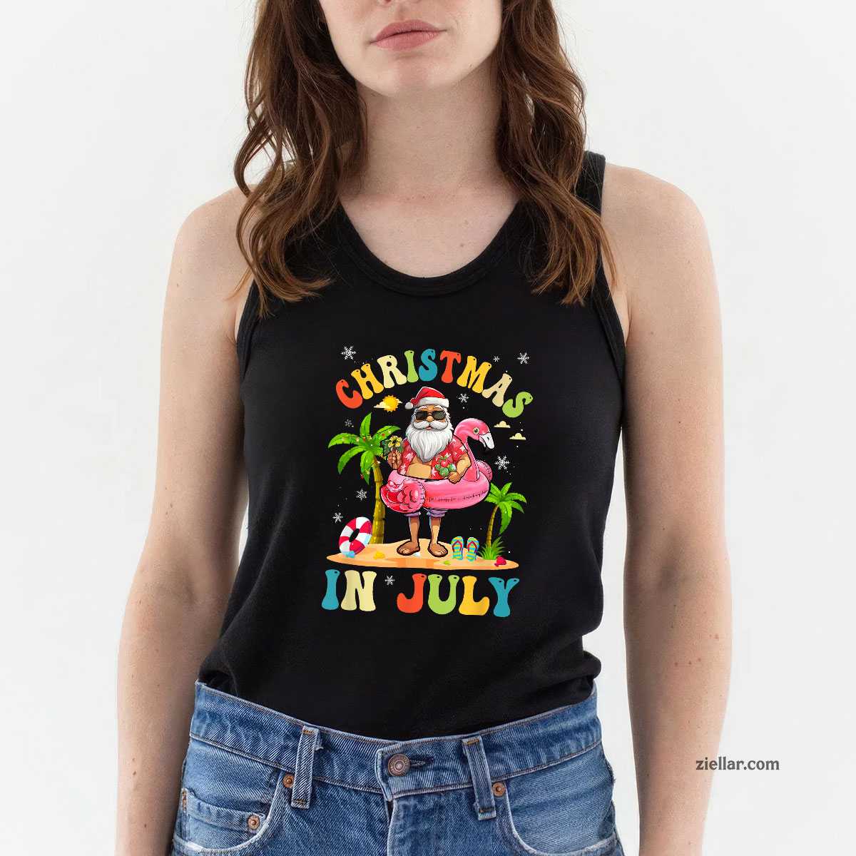 Christmas In July Funny Santa Summer Beach Vacation Tank Top Shirt Funny Christmas in July Tee and Tank Top Shirt for Men Women Adults