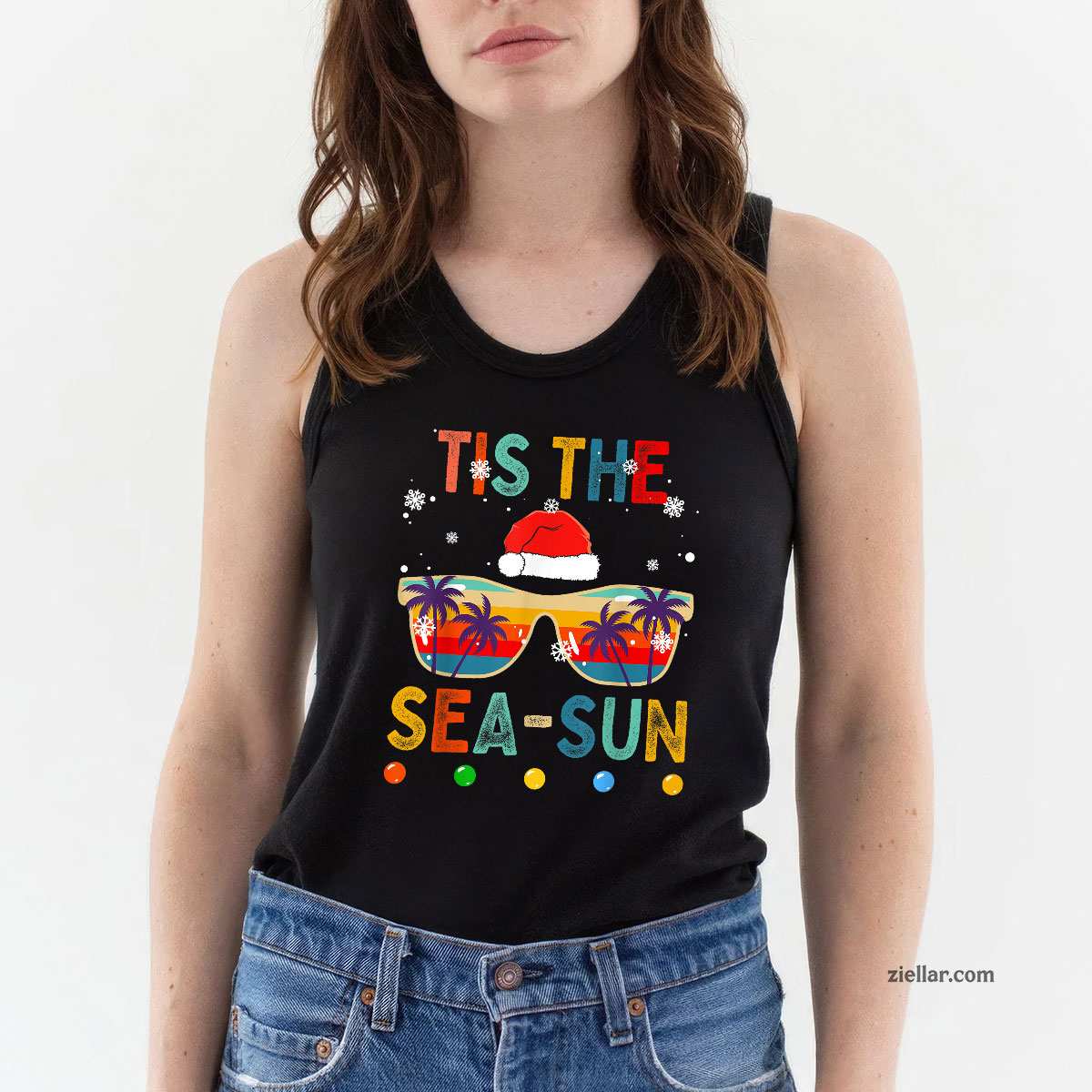 Tis The Sea-Sun Summer Christmas in July Men Women Tank Top Shirt Funny Christmas in July Tee and Tank Top Shirt for Men Women Adults