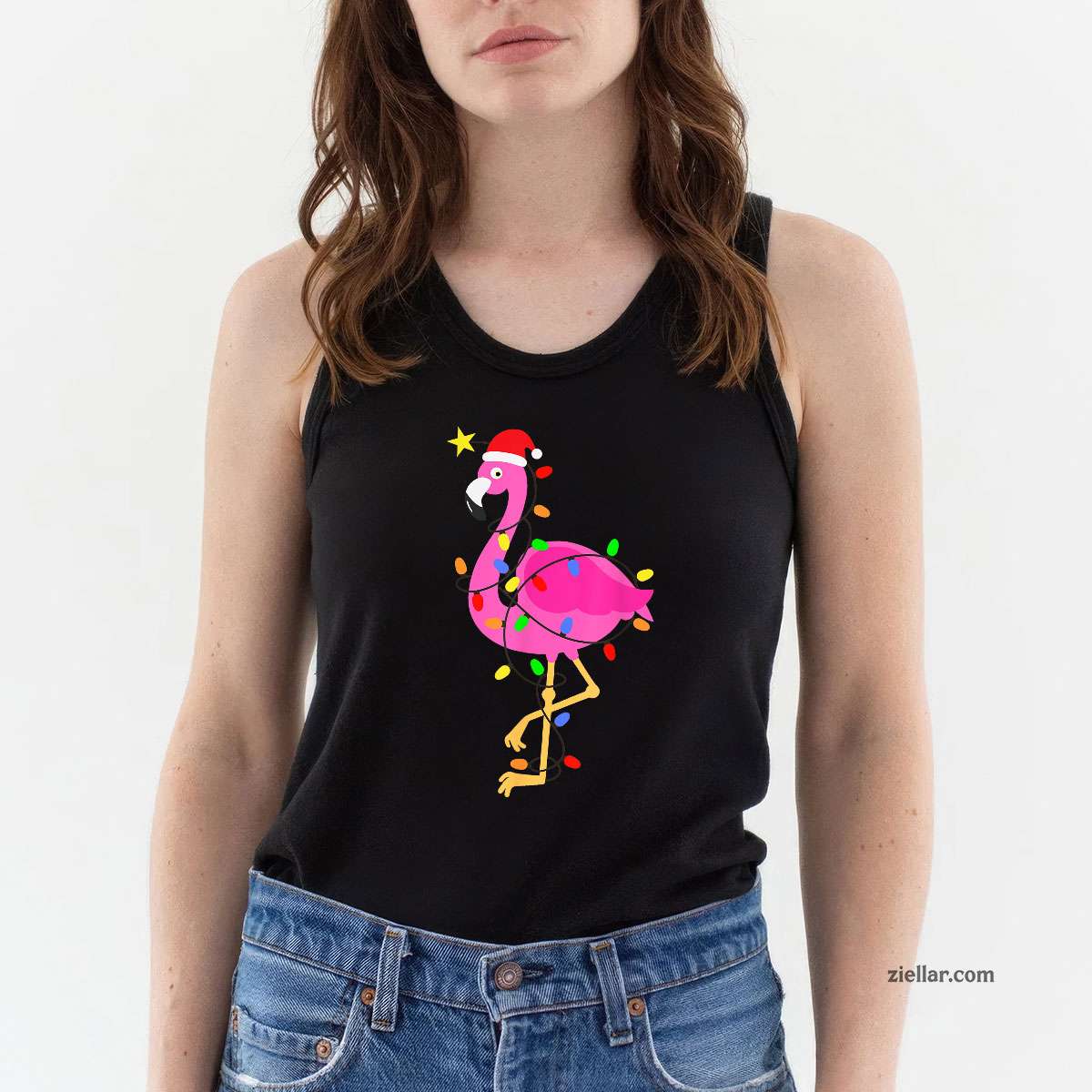 Funny Pink Flamingo in Santa Hat Christmas in July Men Women Tank Top Shirt Funny Christmas in July Tee and Tank Top Shirt for Men Women Adults