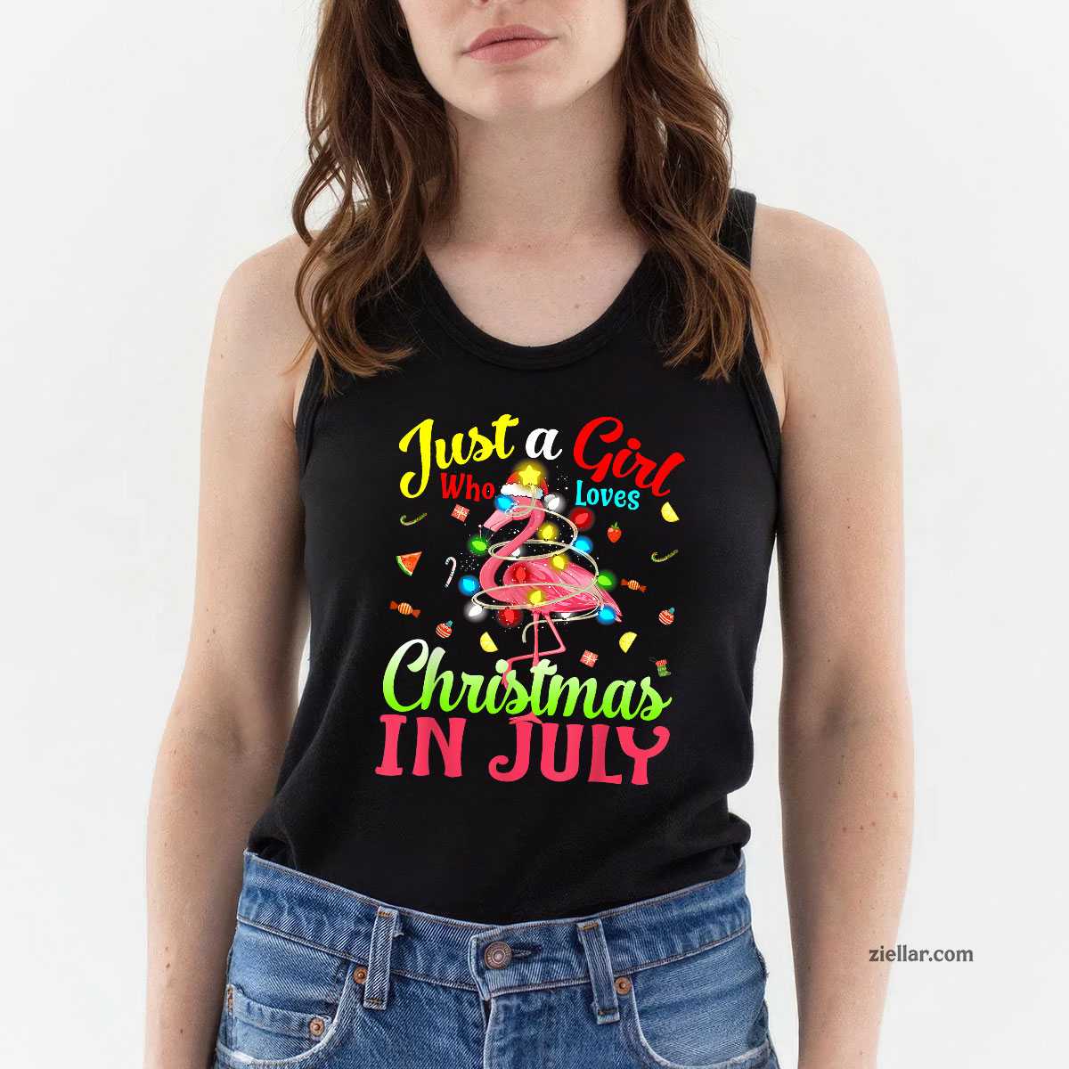 Just A Girl Who Loves Christmas In July Flamingo Girl Tank Top Shirt Funny Christmas in July Tee and Tank Top Shirt for Men Women Adults