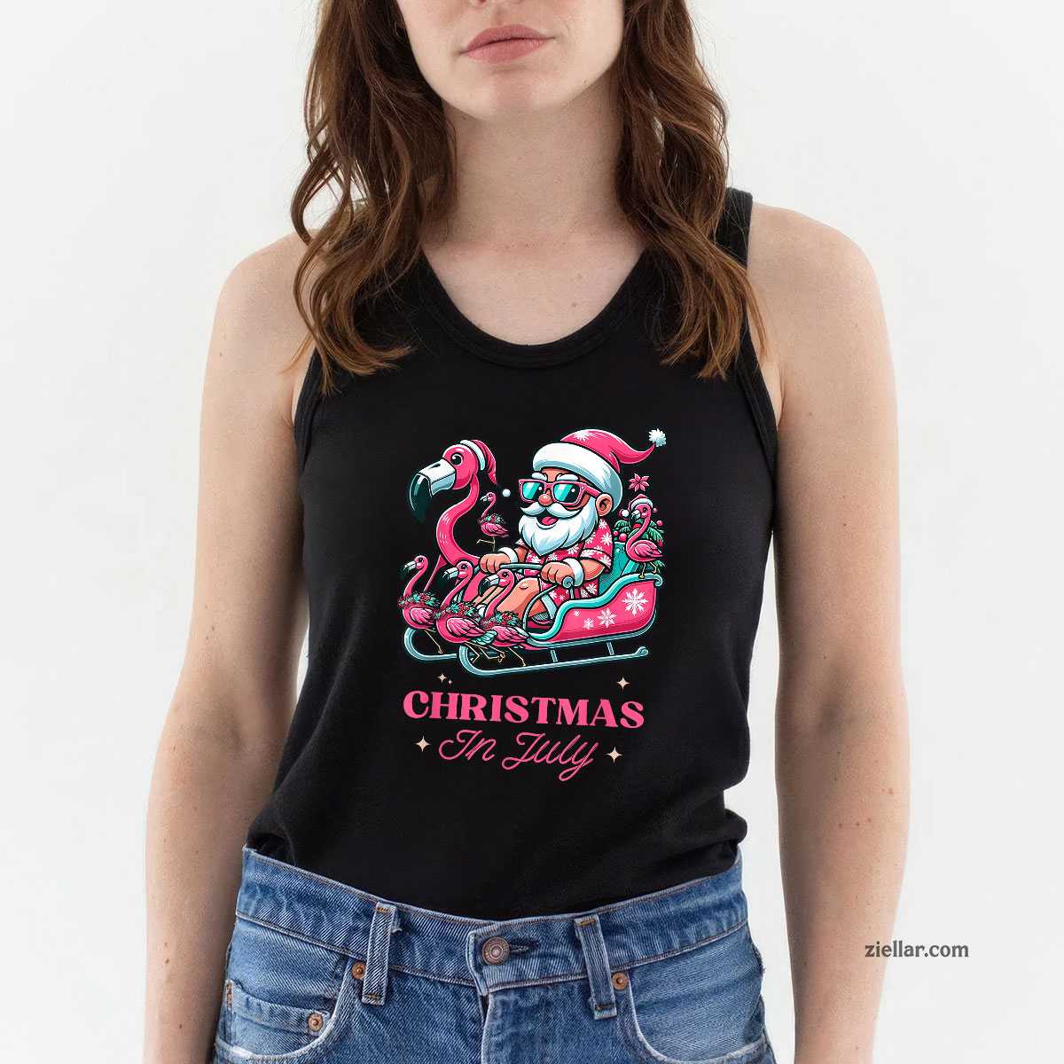 Funny Christmas in July Summer Santa Flamingo Sleigh Xmas Tank Top Shirt Funny Christmas in July Tee and Tank Top Shirt for Men Women Adults