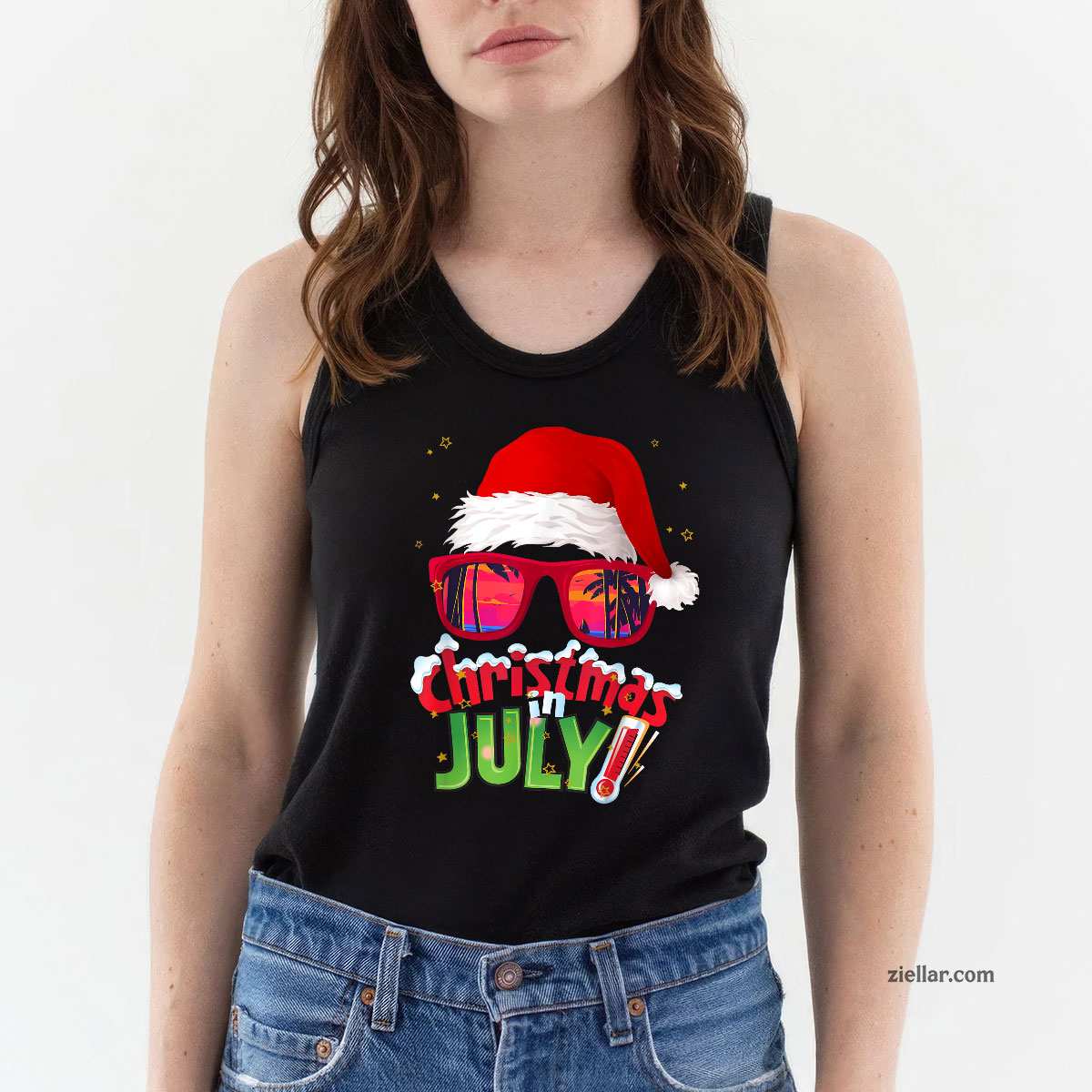Funny Christmas in July Shirt Summer Santa Sunglasses Xmas Tank Top Shirt Funny Christmas in July Tee and Tank Top Shirt for Men Women Adults