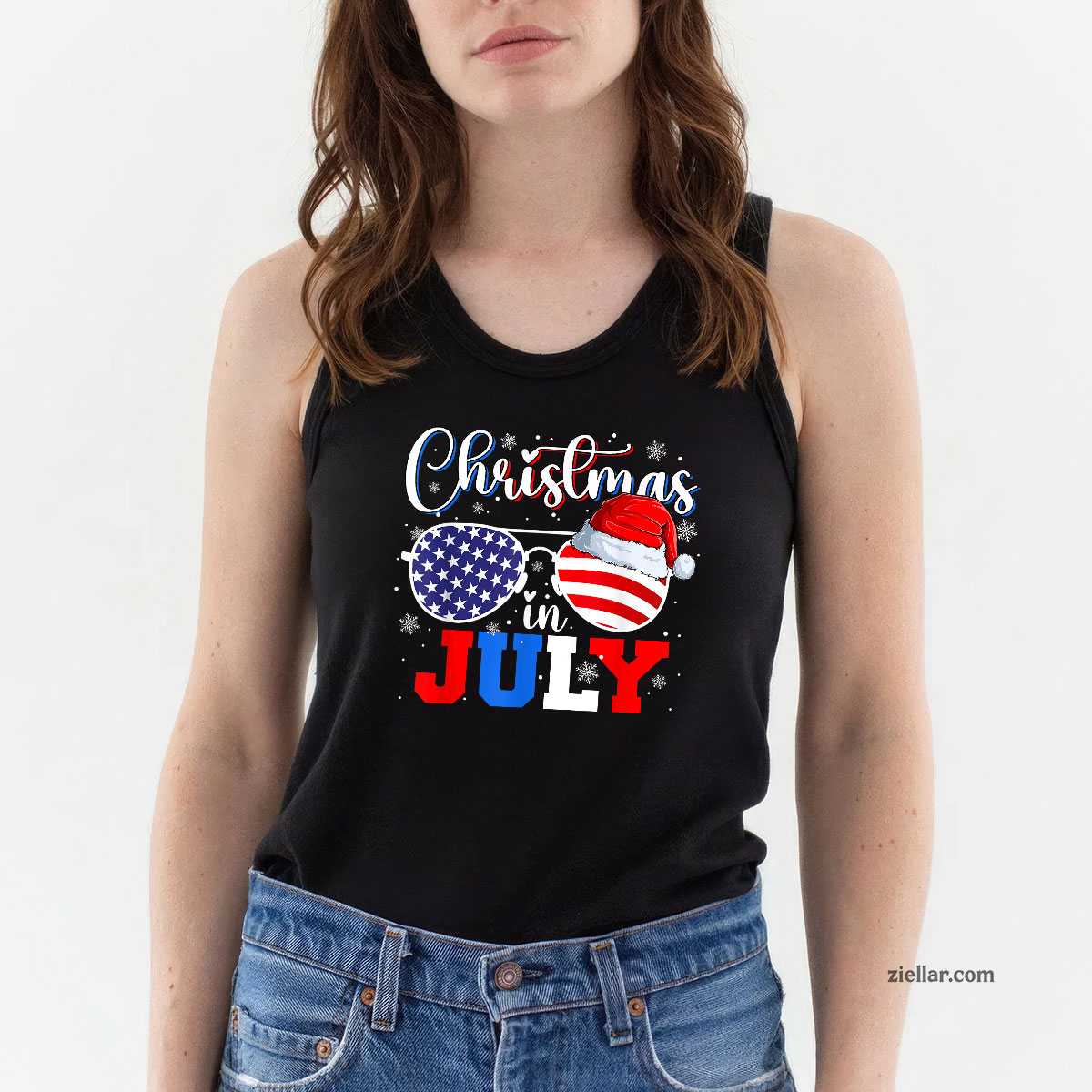 Christmas In July Santa Hat Sunglasses USA Flag 4th of July Tank Top Shirt Funny Christmas in July Tee and Tank Top Shirt for Men Women Adults