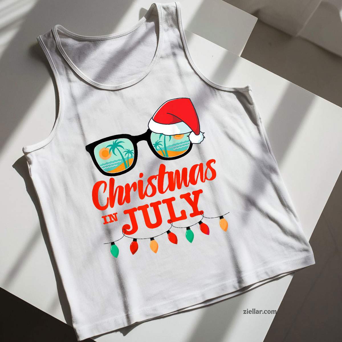 Christmas in july with sunglasses santa hat for summer xmas Tank Top Shirt Funny Christmas in July Tee and Tank Top Shirt for Men Women Adults