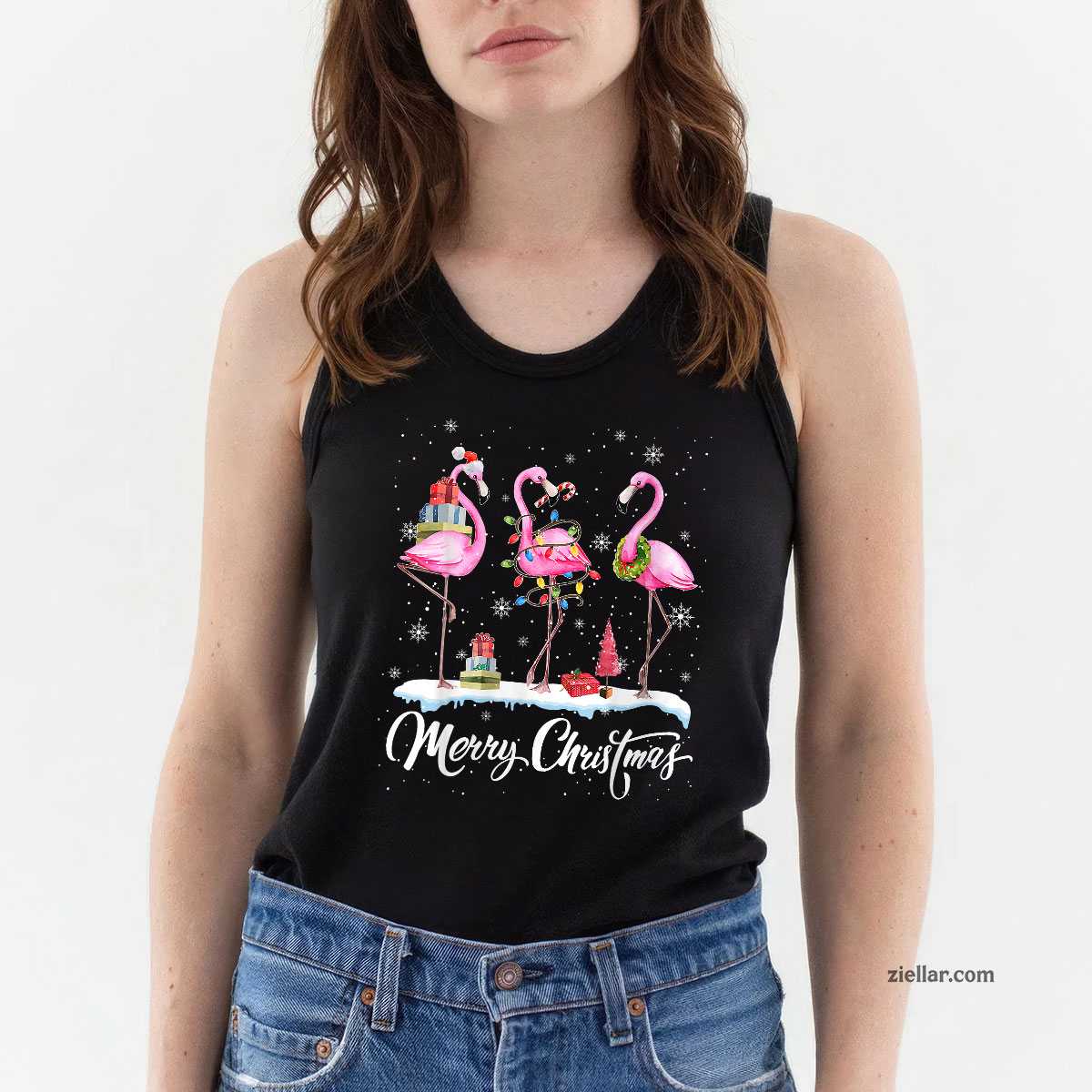 Merry Christmas Hat Santa Flamingo Light Christmas In July Tank Top Shirt Funny Christmas in July Tee and Tank Top Shirt for Men Women Adults