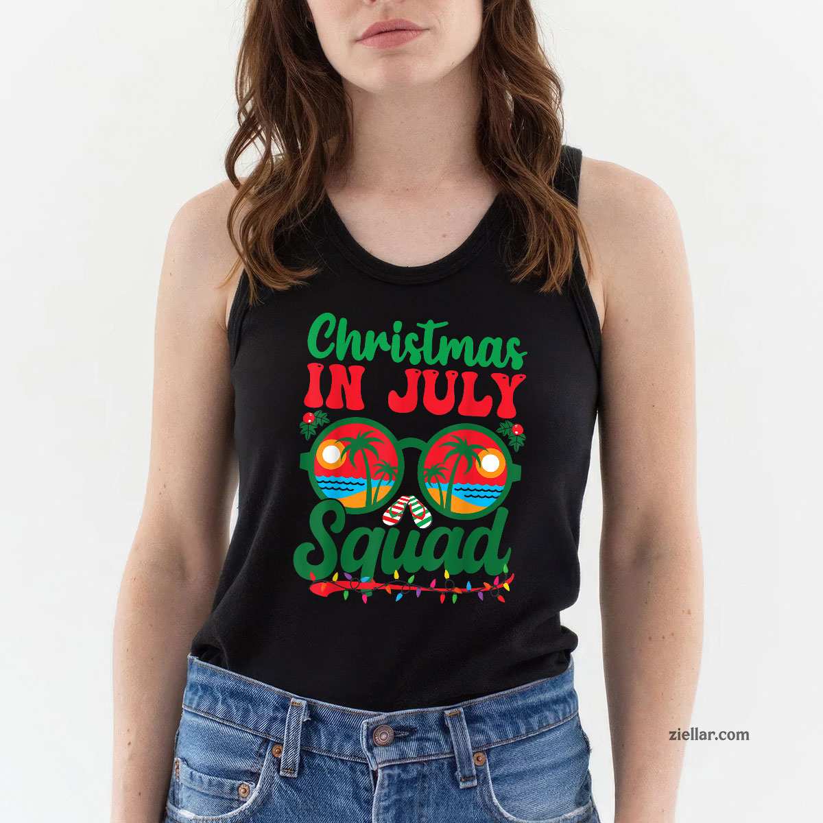 Christmas In July Squad Retro Sunglass Palm Tree Summer Xmas Tank Top Shirt Funny Christmas in July Tee and Tank Top Shirt for Men Women Adults