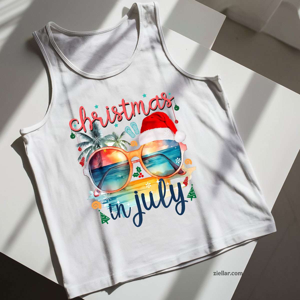 Sunglasses Christmas in July Santa Hat Summer Vacation cute Tank Top Shirt Funny Christmas in July Tee and Tank Top Shirt for Men Women Adults
