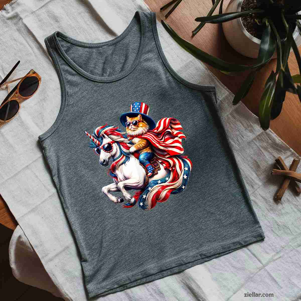 Cat riding Unicorn usa flag Patriotic 4th of July Tank Top Shirt Tee for Men Women Unisex