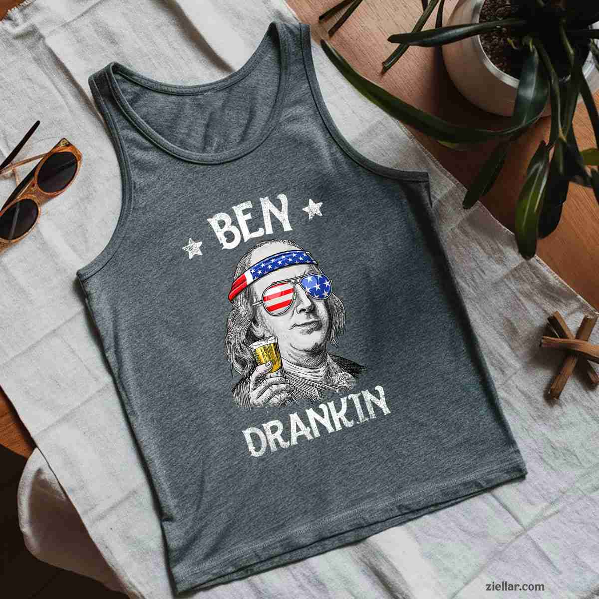 Ben Drankin 4th of July Benjamin Franklin Men Women USA Flag Tank Top Shirt Tee