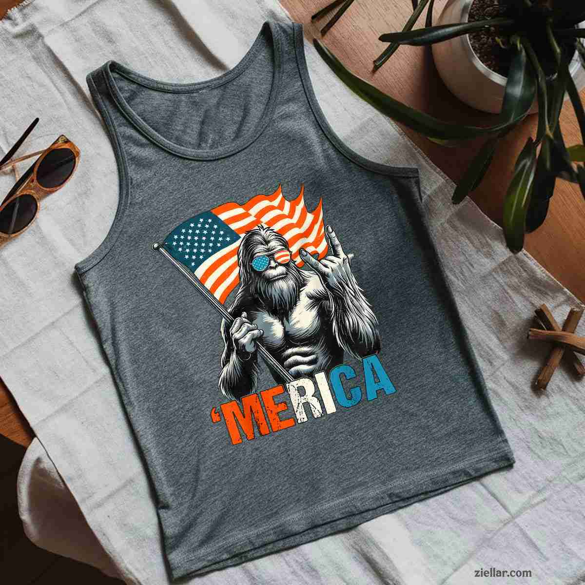 Bigfoot Merica Rock American Flag Patriotic 4th Of July Tank Top Shirt Tee for Men Women Unisex