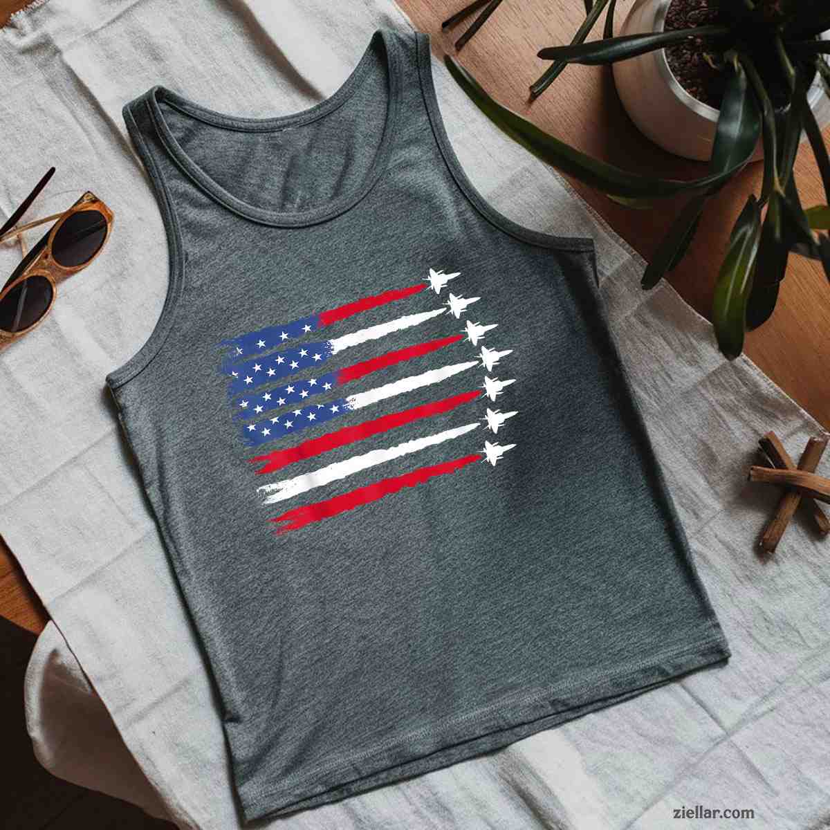 Patriotic Red White Blue USA Flag Fighter Jets 4th of July Tank Top Shirt Tee for Men Women Unisex