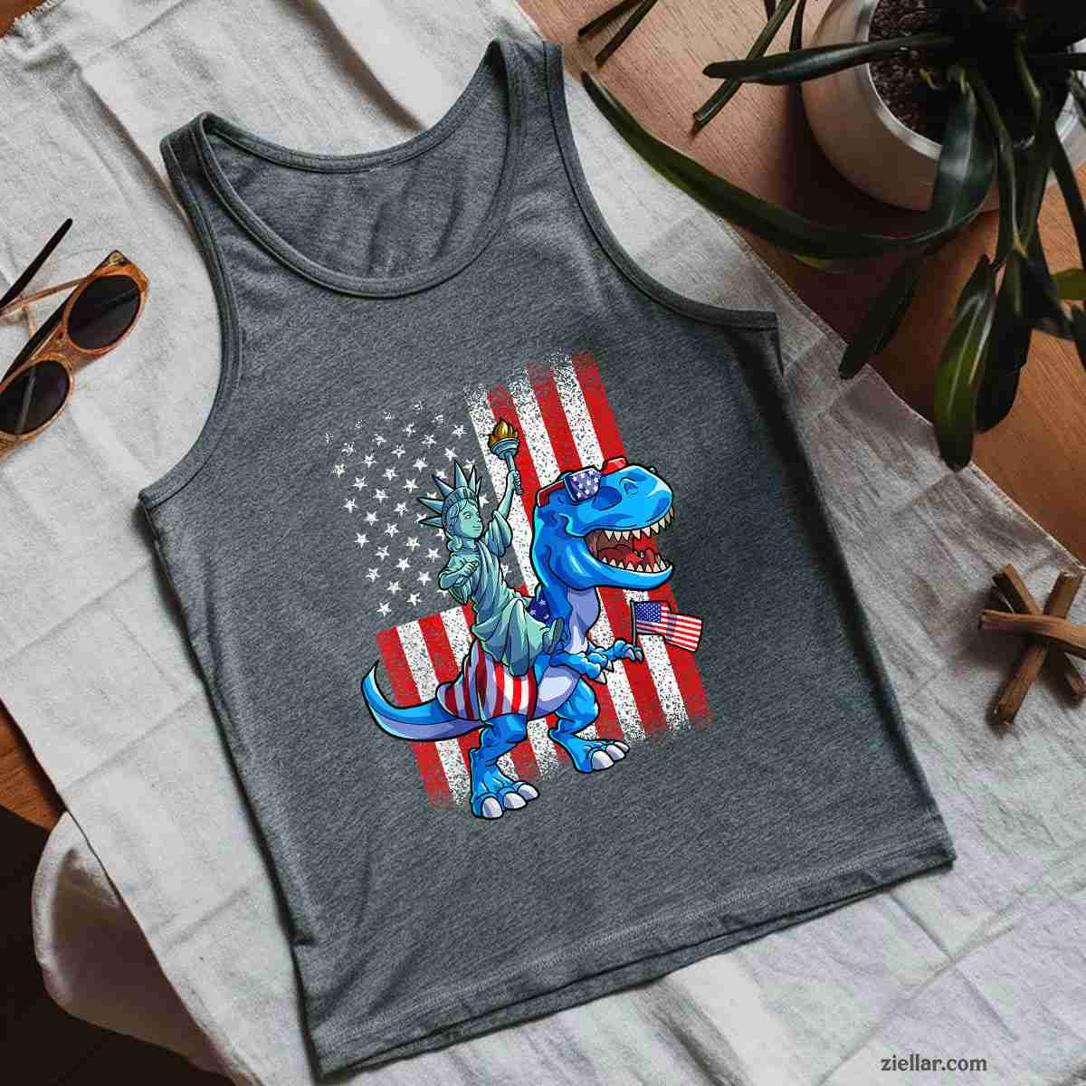 Dino Statue Of Liberty 4th Of July Shirt American Flag Tank Top Shirt Tee for Men Women Unisex