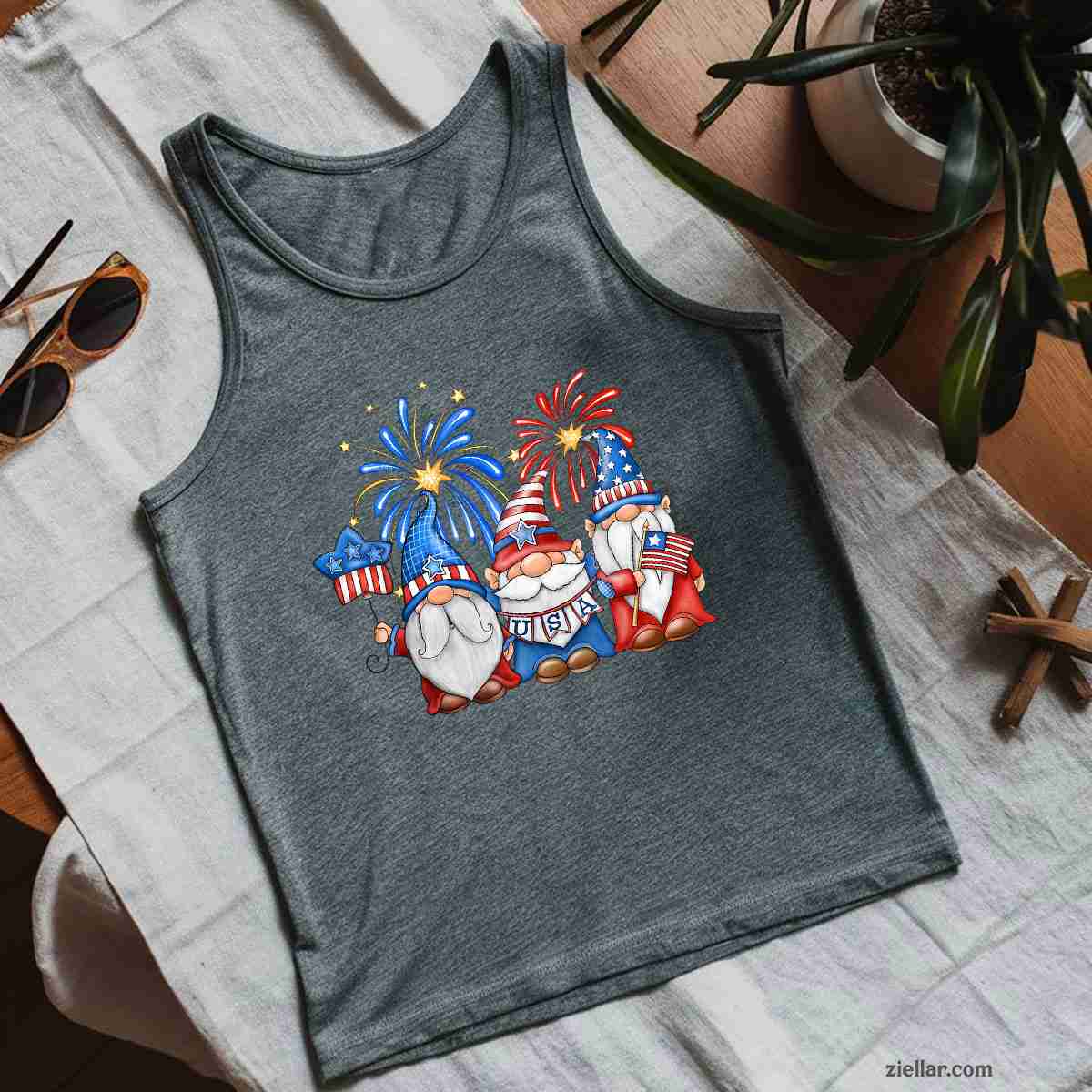 4th Of July Three Gnomes Celebrating USA Independence Day Tank Top Shirt Tee for Men Women Unisex
