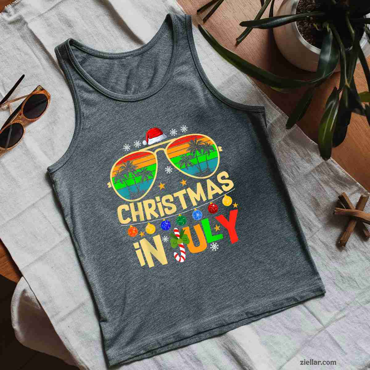 Santa Claus Sunglasses Beach Christmas in July Men Women Tank Top Shirt Funny Christmas in July Tee and Tank Top Shirt for Men Women Adults