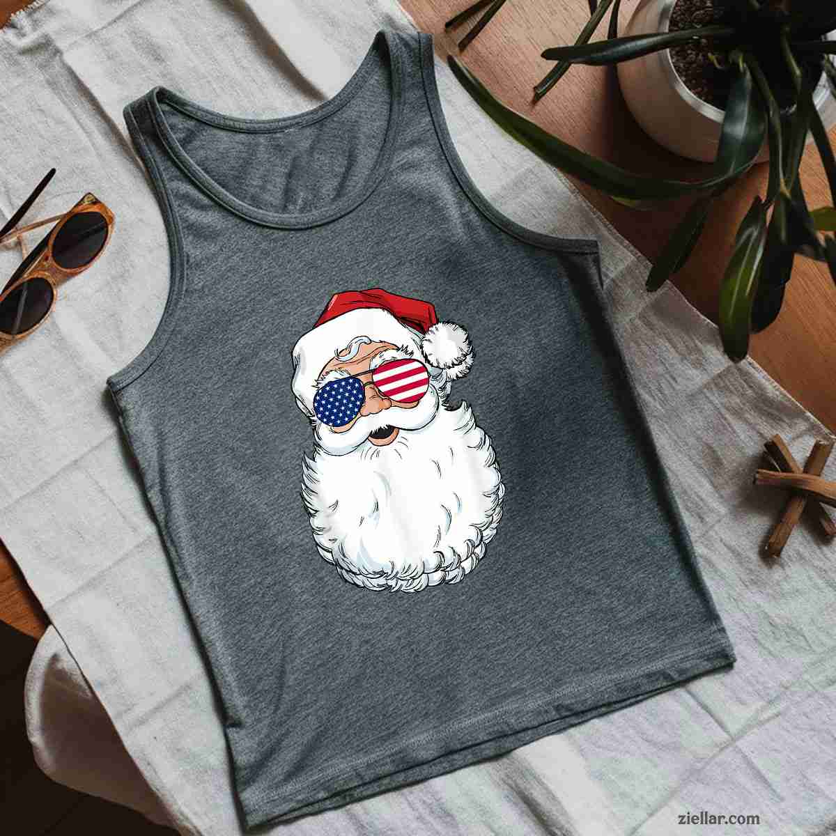 Santa Claus Patriotic USA Sunglasses Christmas in July Santa Tank Top Shirt Funny Christmas in July Tee and Tank Top Shirt for Men Women Adults