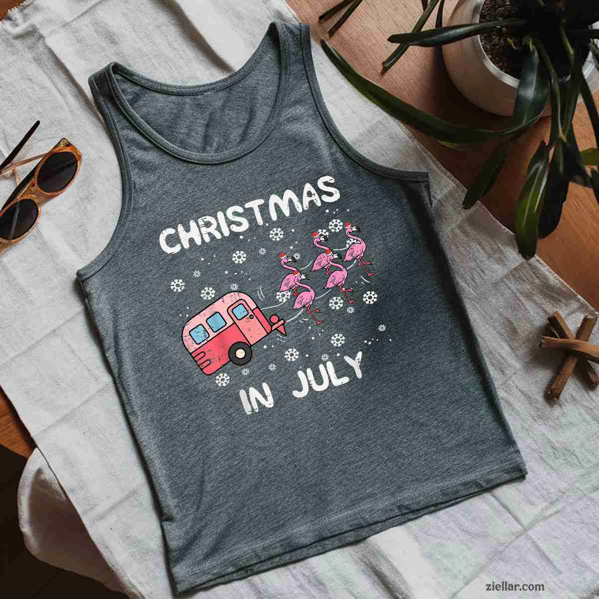 Christmas In July Flamingo Trailer Summer Xmas Camp Camper Tank Top Shirt Funny Christmas in July Tee and Tank Top Shirt for Men Women Adults