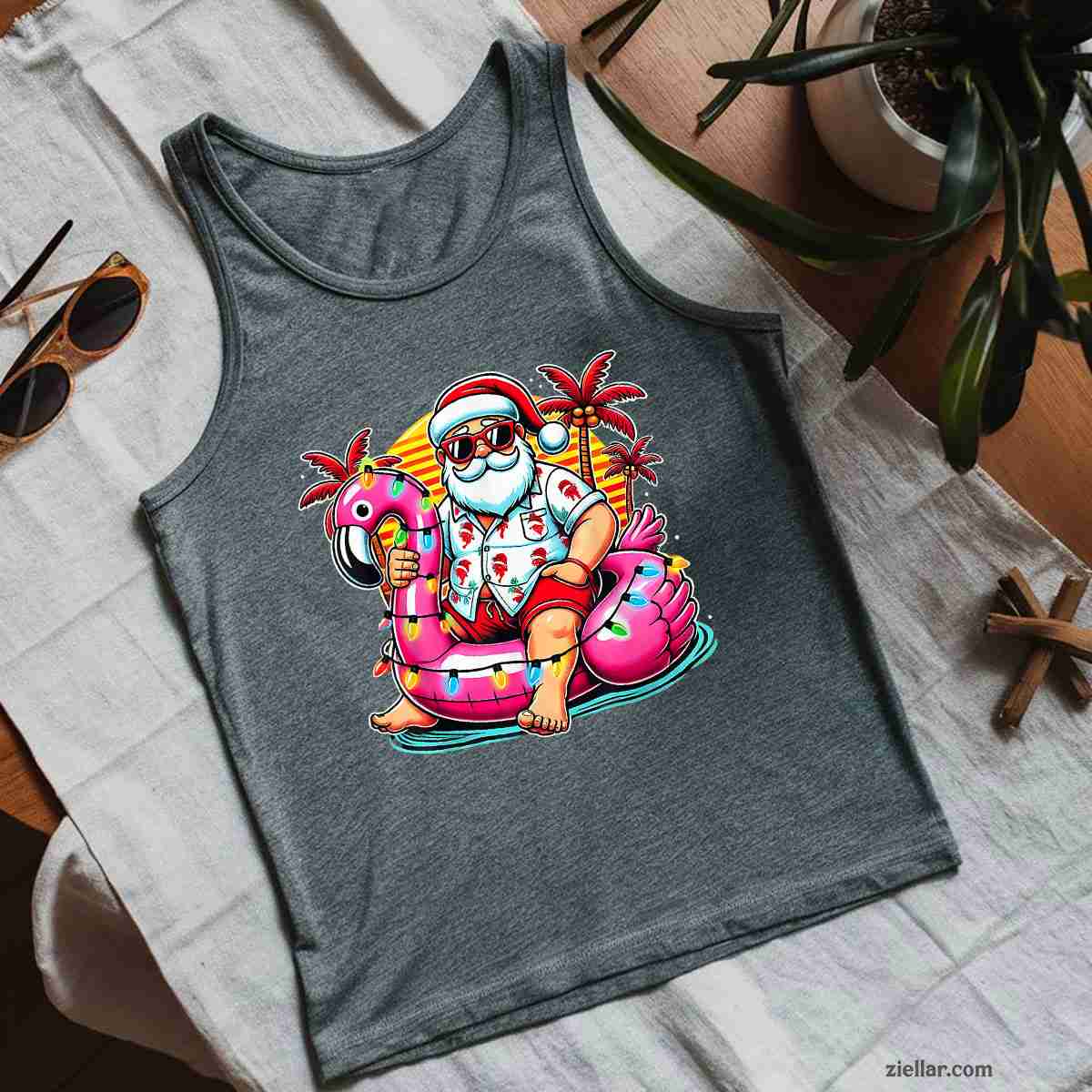Christmas in July Shirt Santa Flamingo Float Summer Xmas Tank Top Shirt Funny Christmas in July Tee and Tank Top Shirt for Men Women Adults