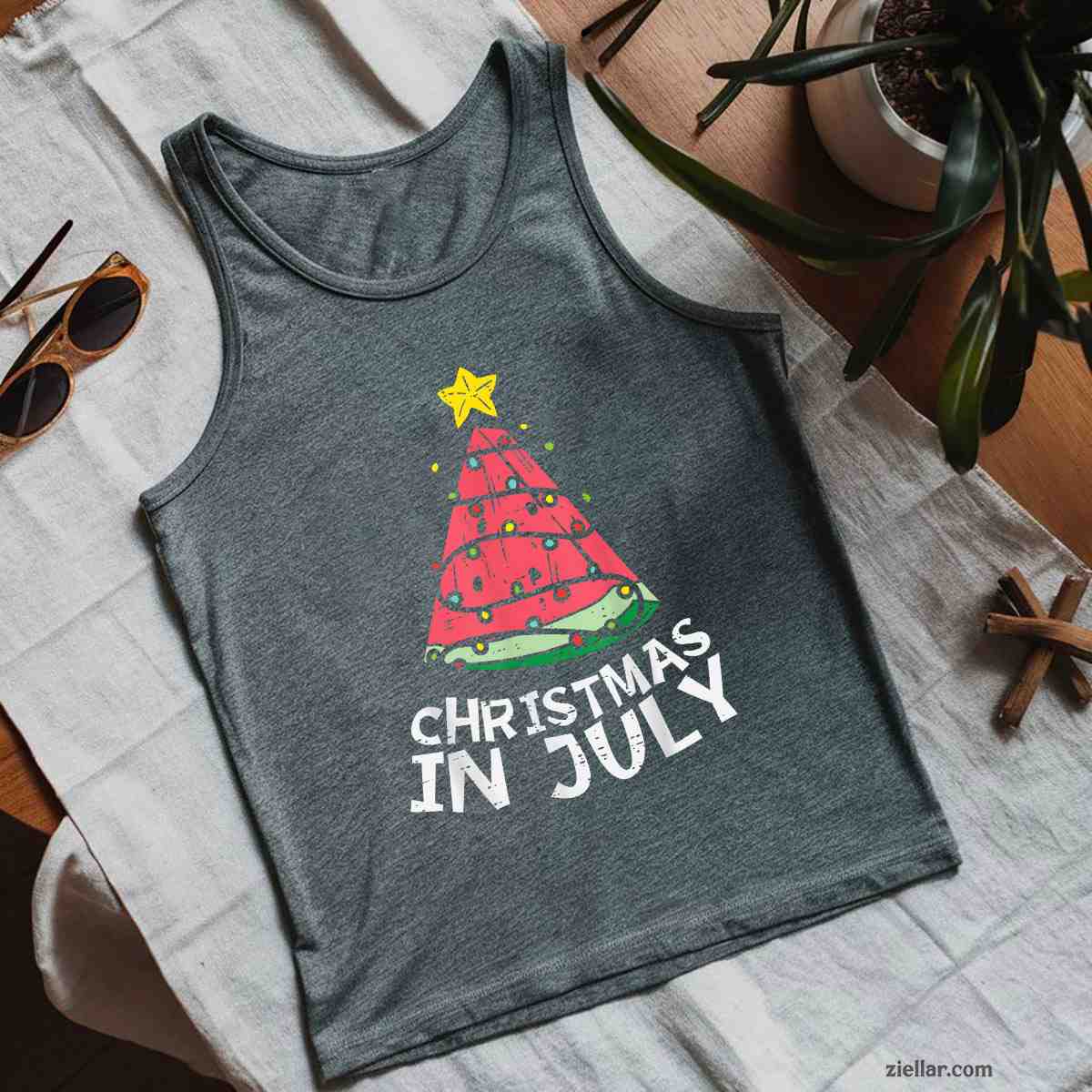 Christmas In July Watermelon Xmas Tree Summer Men Women Tank Top Shirt Funny Christmas in July Tee and Tank Top Shirt for Men Women Adults