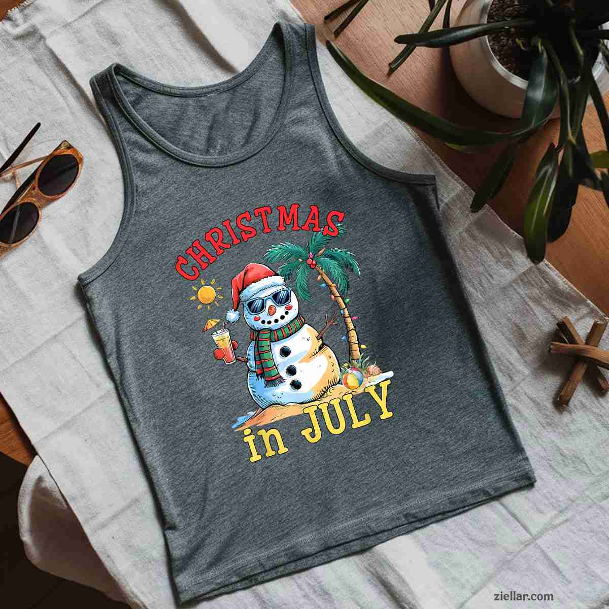 Christmas In July Snowman Summer Beach Vacation Xmas Tank Top Shirt Funny Christmas in July Tee and Tank Top Shirt for Men Women Adults