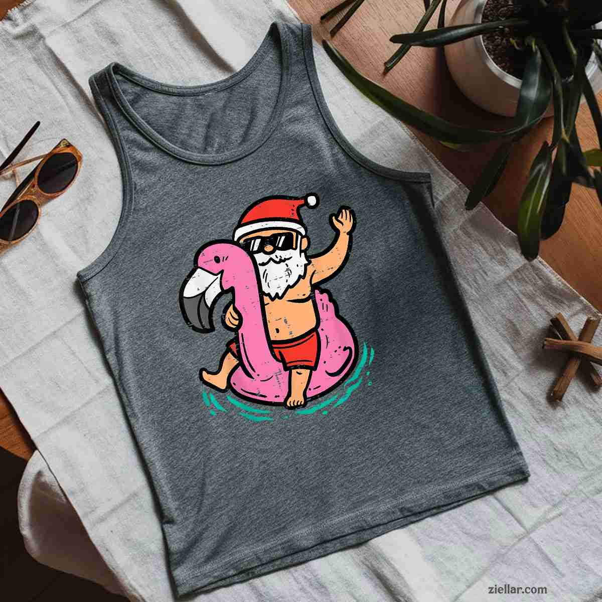 Santa Flamingo Floatie Funny Christmas In July Summer Xmas Tank Top Shirt Funny Christmas in July Tee and Tank Top Shirt for Men Women Adults