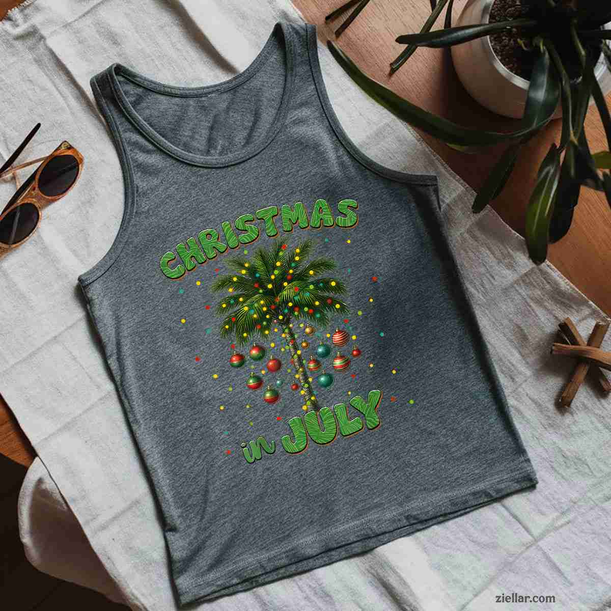 Christmas In July Palm Tree Hawaii Beach Summer Vacation Tee Tank Top Shirt Funny Christmas in July Tee and Tank Top Shirt for Men Women Adults