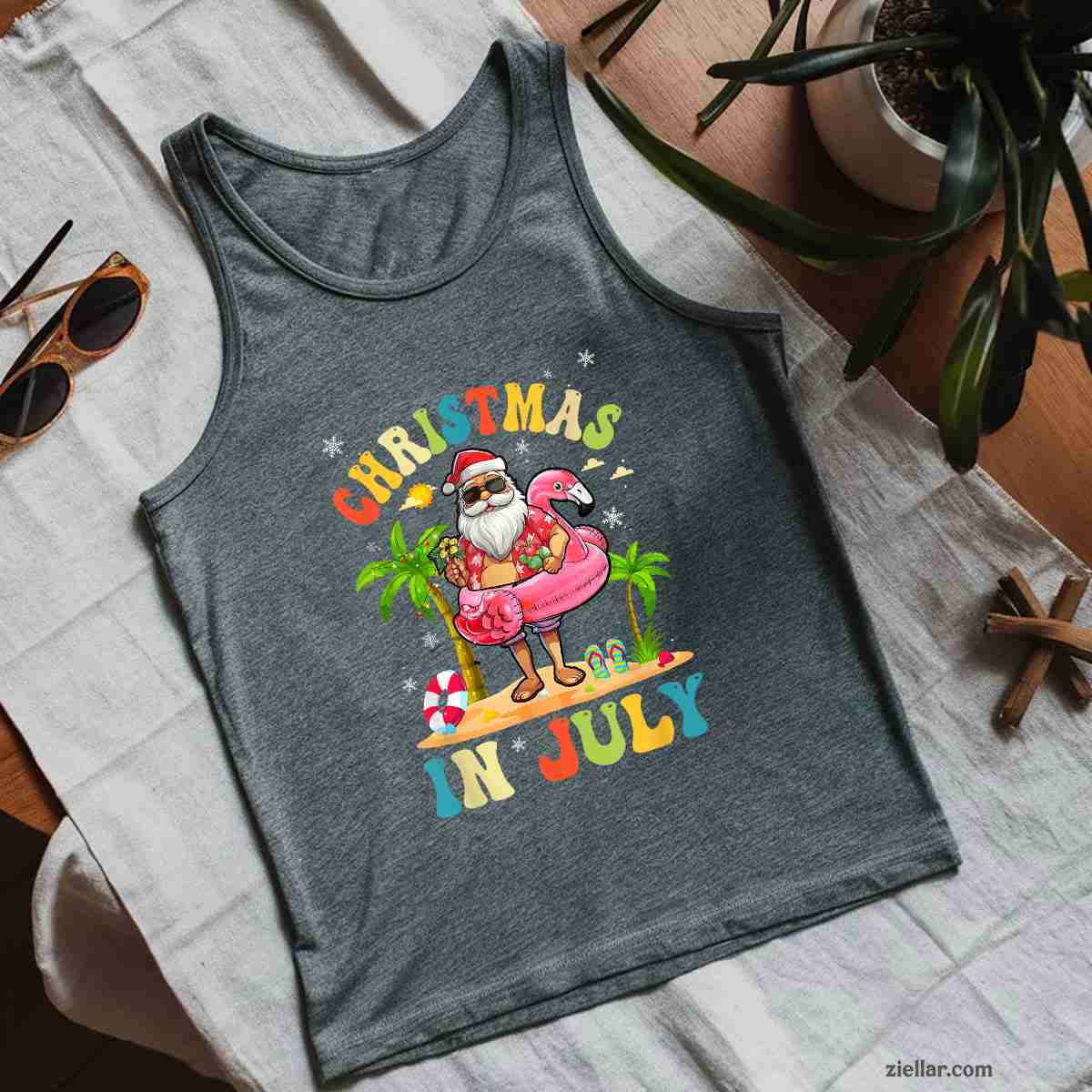 Christmas In July Funny Santa Summer Beach Vacation Tank Top Shirt Funny Christmas in July Tee and Tank Top Shirt for Men Women Adults