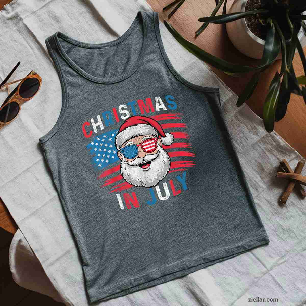 Fourth of July Christmas Us Flag Sunglasses Santa Xmas 2025 Tank Top Shirt Funny Christmas in July Tee and Tank Top Shirt for Men Women Adults