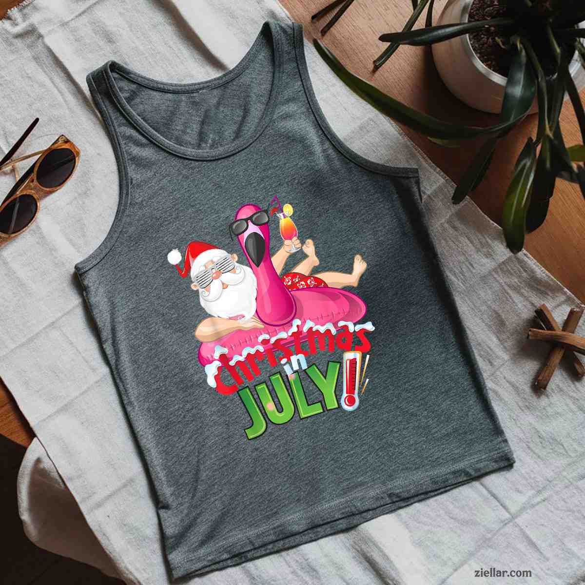 Funny Christmas in July Shirt Summer Flamingo Float Xmas Tank Top Shirt Funny Christmas in July Tee and Tank Top Shirt for Men Women Adults