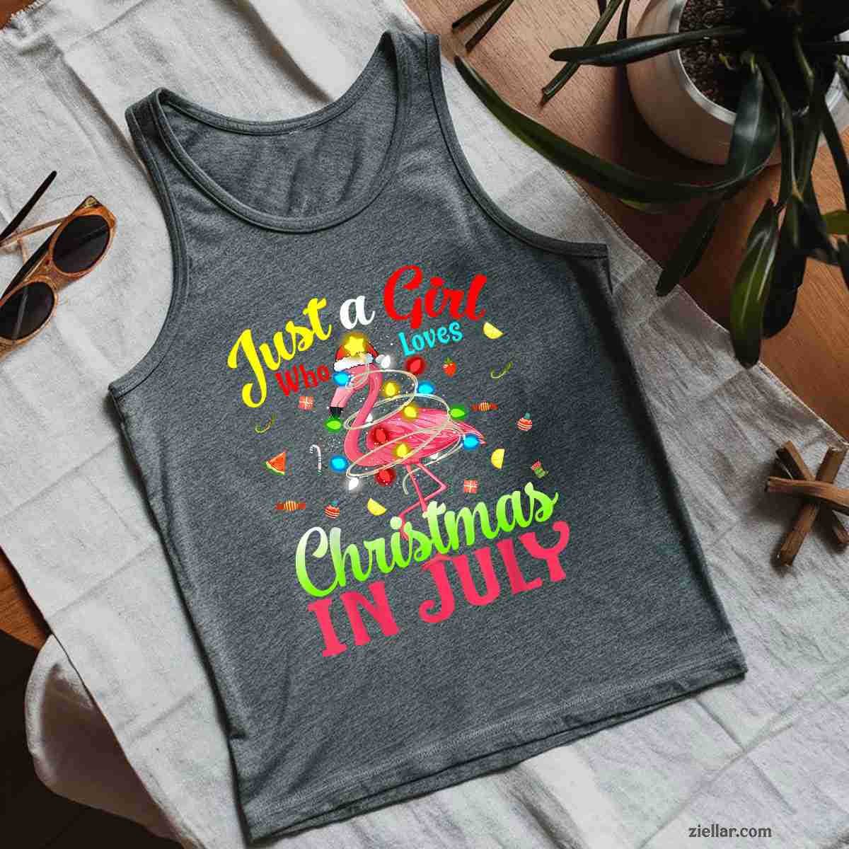 Just A Girl Who Loves Christmas In July Flamingo Girl Tank Top Shirt Funny Christmas in July Tee and Tank Top Shirt for Men Women Adults